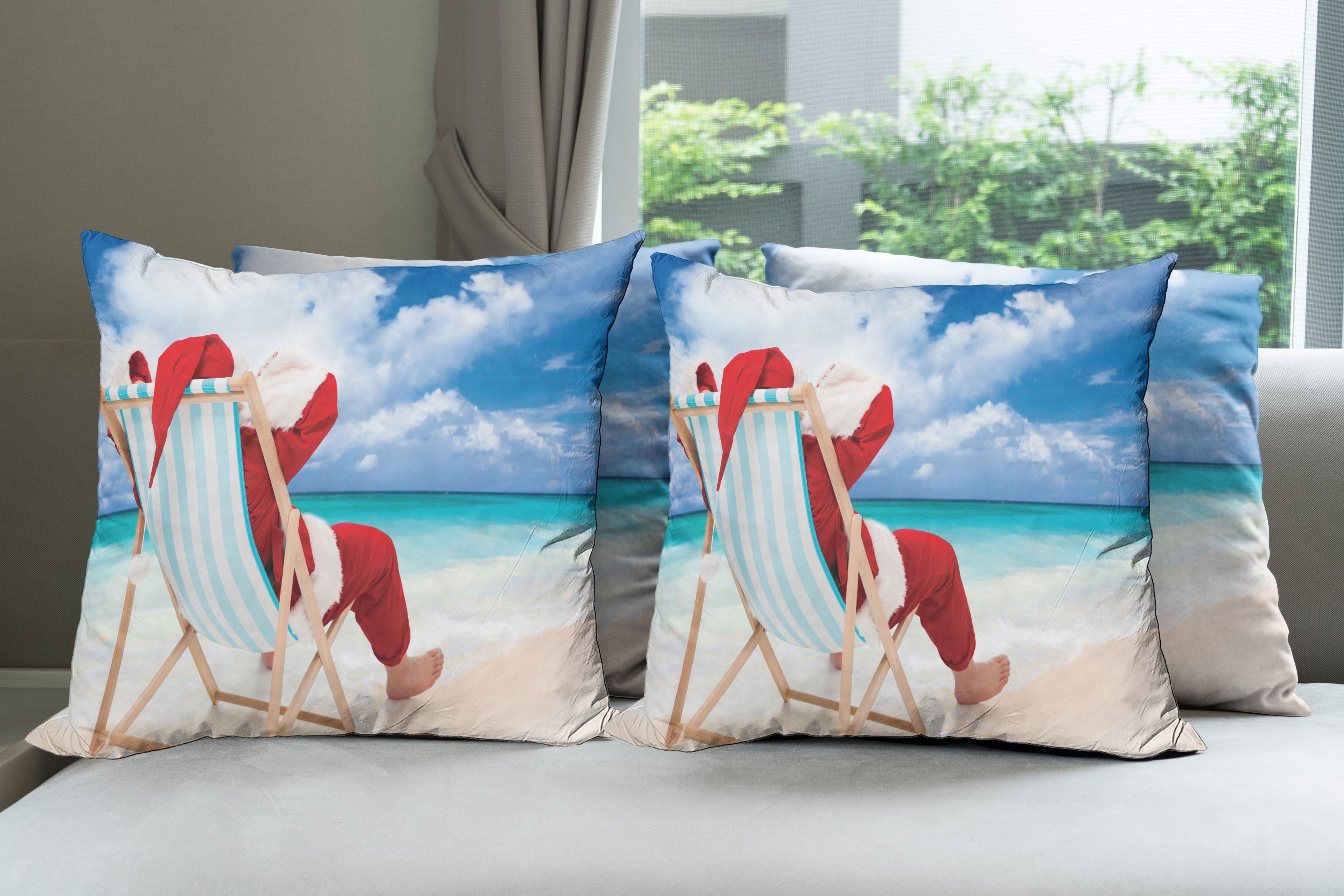 Accent Stück), Doppelseitiger Entspannung Digitaldruck, (4 Weihnachtsmann am exotischen Kissenbezüge Modern Abakuhaus Strand