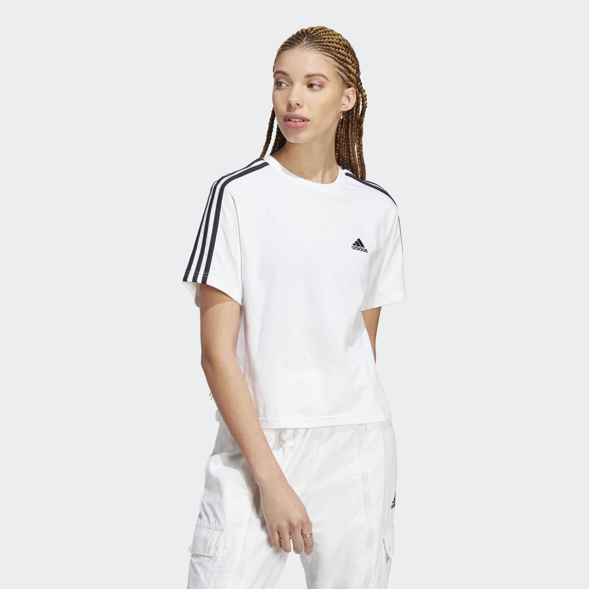 adidas Sportswear T-Shirt White CROP-TOP SINGLE Black JERSEY 3-STREIFEN ESSENTIALS 