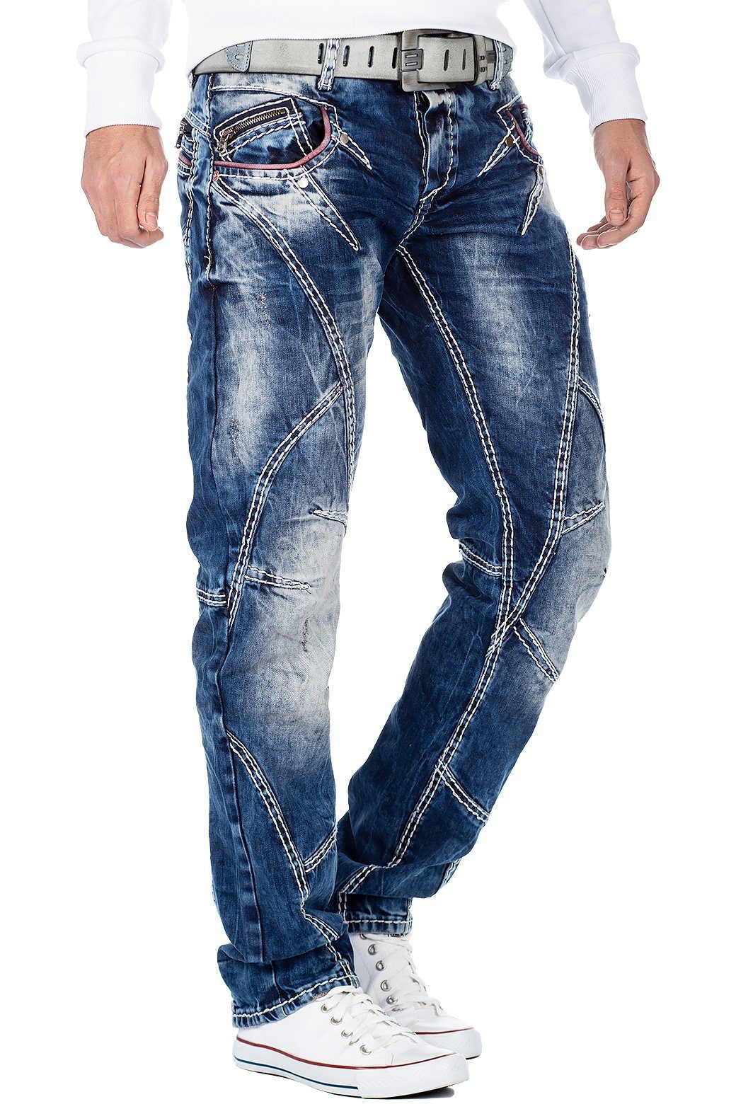 Cipo & Baxx Regular-fit-Jeans Herren Regular Fit Hose Stonewashed BA-CD563 (1-tlg) mit dicken Ziernähten und Waschung – Bild 4 von 5
