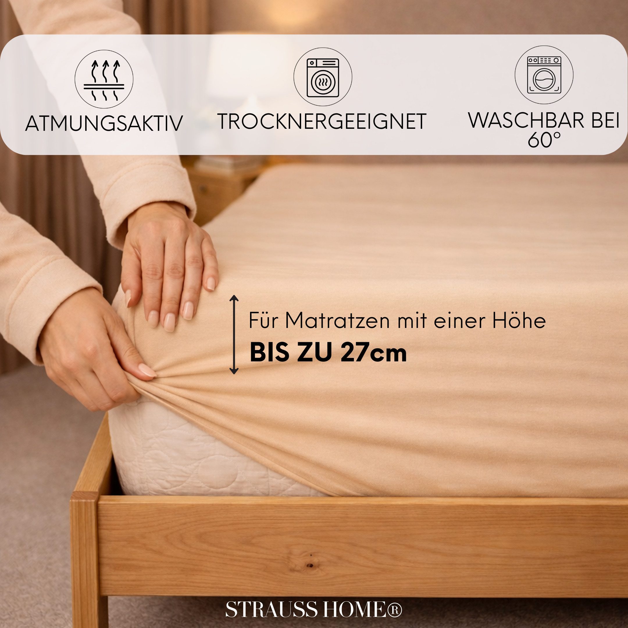 Strauss Home Spannbettlaken Premium 160 g/m² Gekämmte Baumwolle Jersey in Hotelqualität, Gummizug: Rundumgummi, OEKO-TEX®-zertifiziert - Hotelqualität – Formstabil & Langlebig