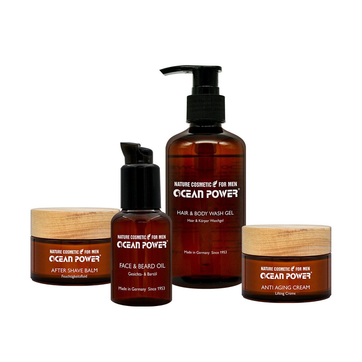 GW Nature Cosmetic Pflege-Set OCEAN POWER® FOR MEN - All In One Anti Aging Cream 50 ml, After Shave Balm 50 ml, Face & Beard Oil 50 ml, Hair & Body Wash 200 ml, 4-tlg., 4-teiliges Naturkosmetik-Pflegeset für Männer