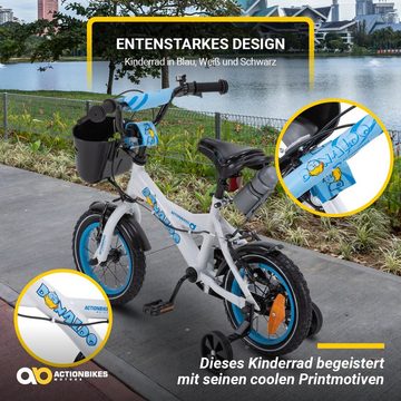 Actionbikes Motors Kinderfahrrad Kinder Fahrrad BMX Donaldo inkl. Korb - weiß / blau, 1 Gang, ohne Schaltung, (12 Zoll, ab 95 cm Körpergröße, max. Zuladung 35 kg, abnehmbare Stützräder, Klingel, Trinkflasche inkl. Halterung, Reflektoren, Antirutschgriffe, Lenkerschutz, 1-tlg., V-Brake-Bremsen, Luftbereifung, Schutzbleche, weiß / blau), höhenverstellbares Bike Jungen Mädchen Rad Kinderrad ab 2 Jahre