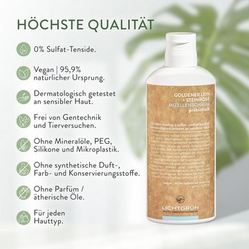 LICHTGRÜN® Gesichts-Reinigungsschaum MIZELLENSCHAUM 150 ml Präbiotisch, 95,9% Natürlich, Vegan, Sulfat-, & Parfümfrei, mit Bio-Lein, Bio-Steinrose, Präbiotika, Hochverträglich