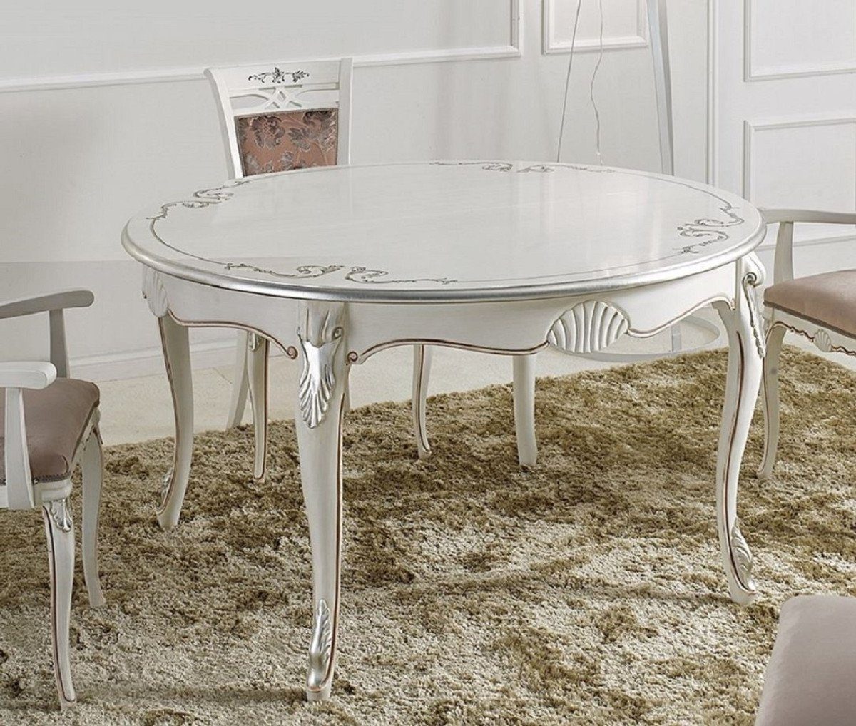 Casa Padrino Esstisch - in - Luxus Möbel Weiß Esszimmer Made Luxus Massivholz / Silber Esszimmertisch Ovaler Barock - - Italy Ausziehbarer Barock Qualität Esstisch
