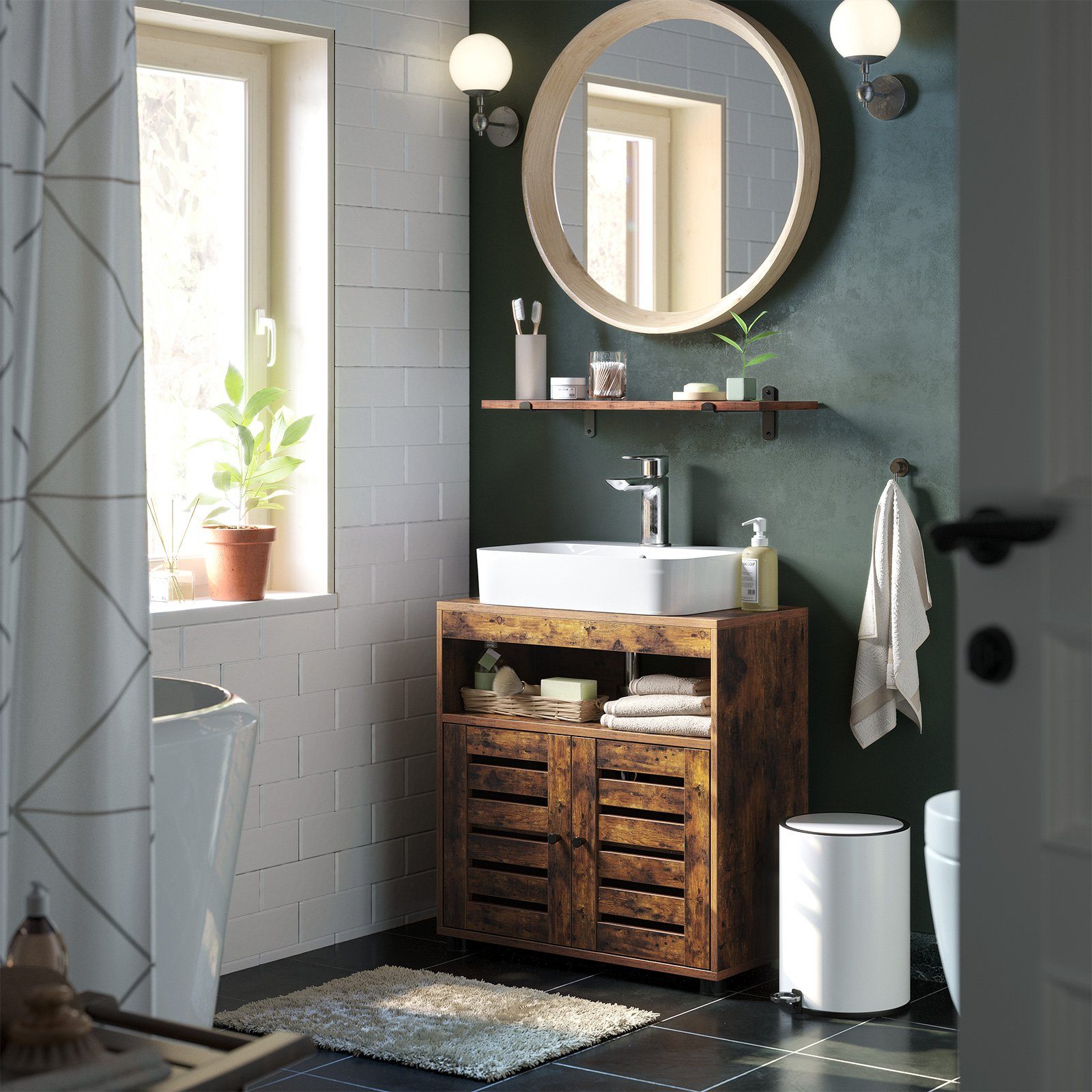 VASAGLE Waschbeckenunterschrank Badezimmerschrank Aufbewahrungsschrank Breite 60cm, mit 2 Lamellentüren, verstellbares Brett – Bild 3 von 5