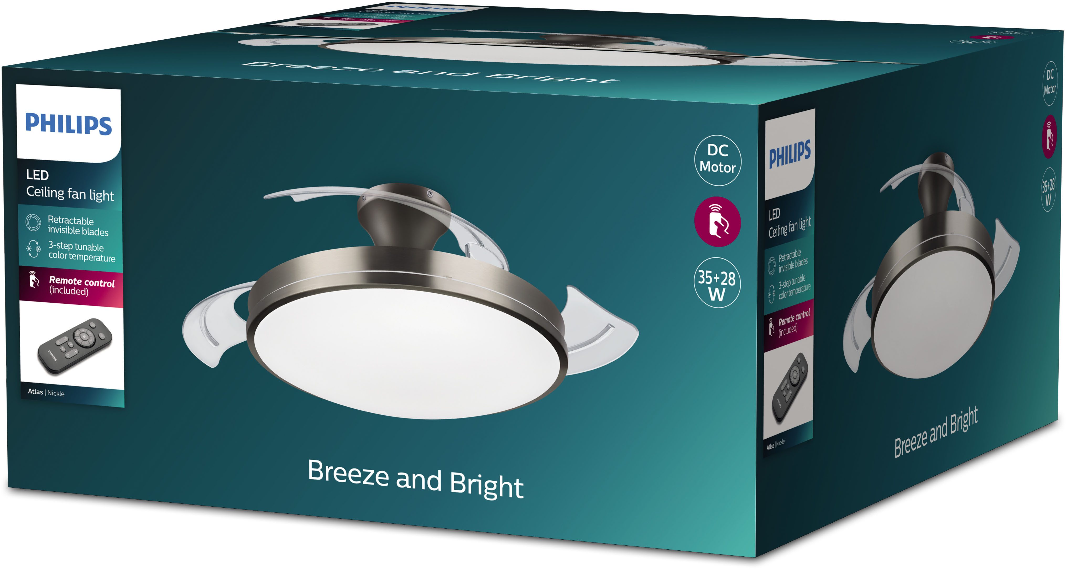 Philips Deckenleuchte Atlas LED 28W+35W, 2700-5500K, Nickel, Fernbedienung, Infrarot inkl., LED fest integriert, Farbwechsler, inkl. Fernbedienung