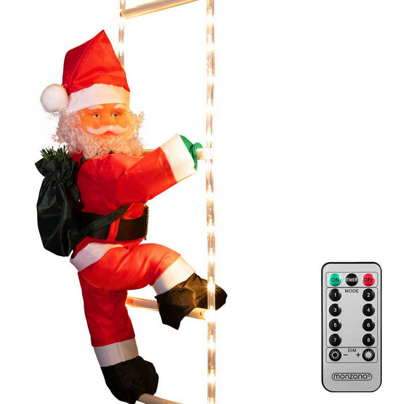 monzana Weihnachtsmann, LED Leiter XL 90cm für In-/Outdoor Timer 8 Leuchtfunktionen dimmbar Santa Claus Nikolaus Weihnachtsdeko Weihnachtsfigur