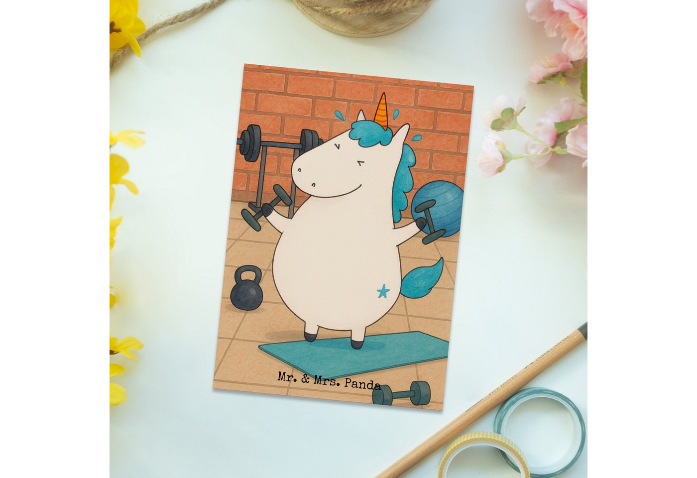 Thumbnail - Mr. & Mrs. Panda Postkarte Einhorn Fitness Design - Weiß - Geschenk, Gym, Unicorn, Einhörner, Ka, Multifunktionalität
