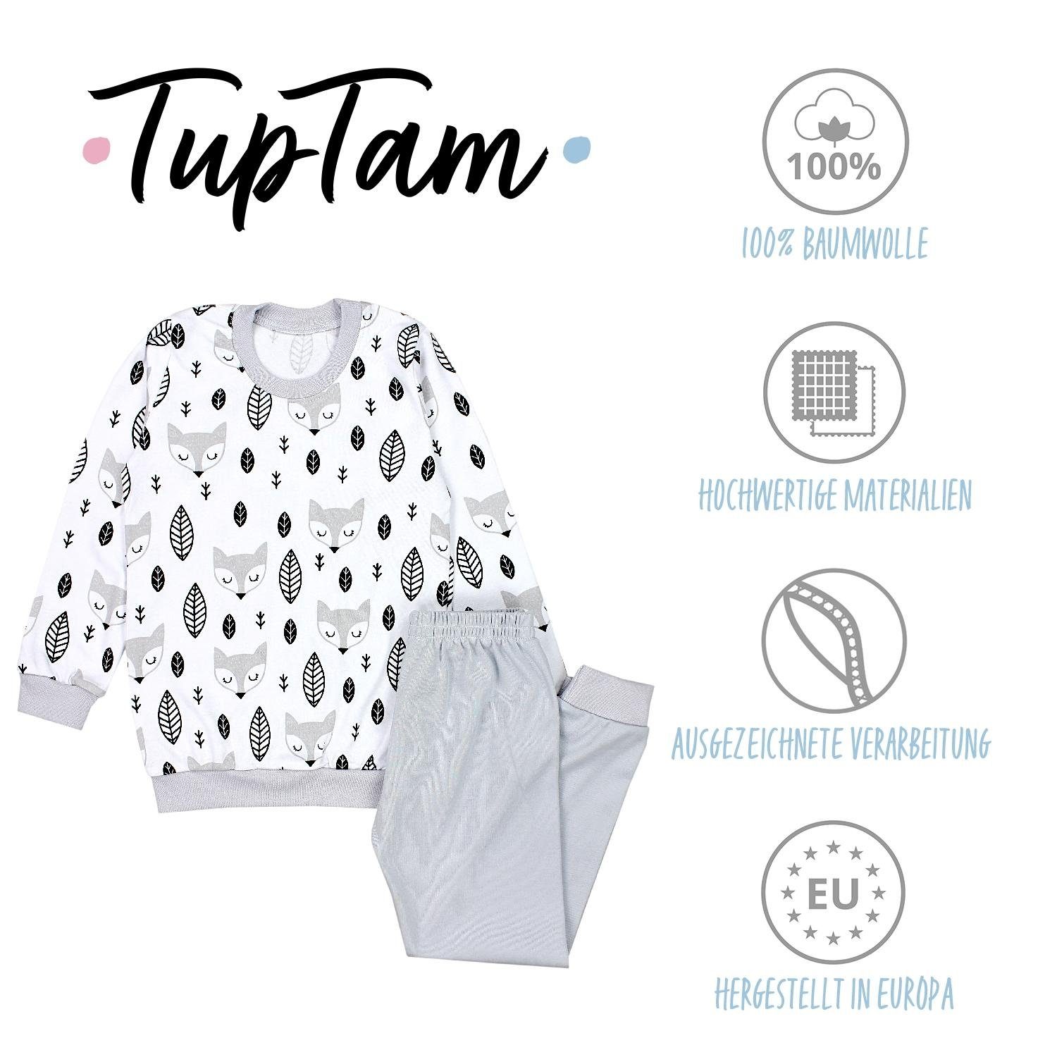 TupTam Schlafanzug Kinder Jungen Pyjama Nachtwäsche 2-teilig Füchse Set Grau Langarm Schlafanzug