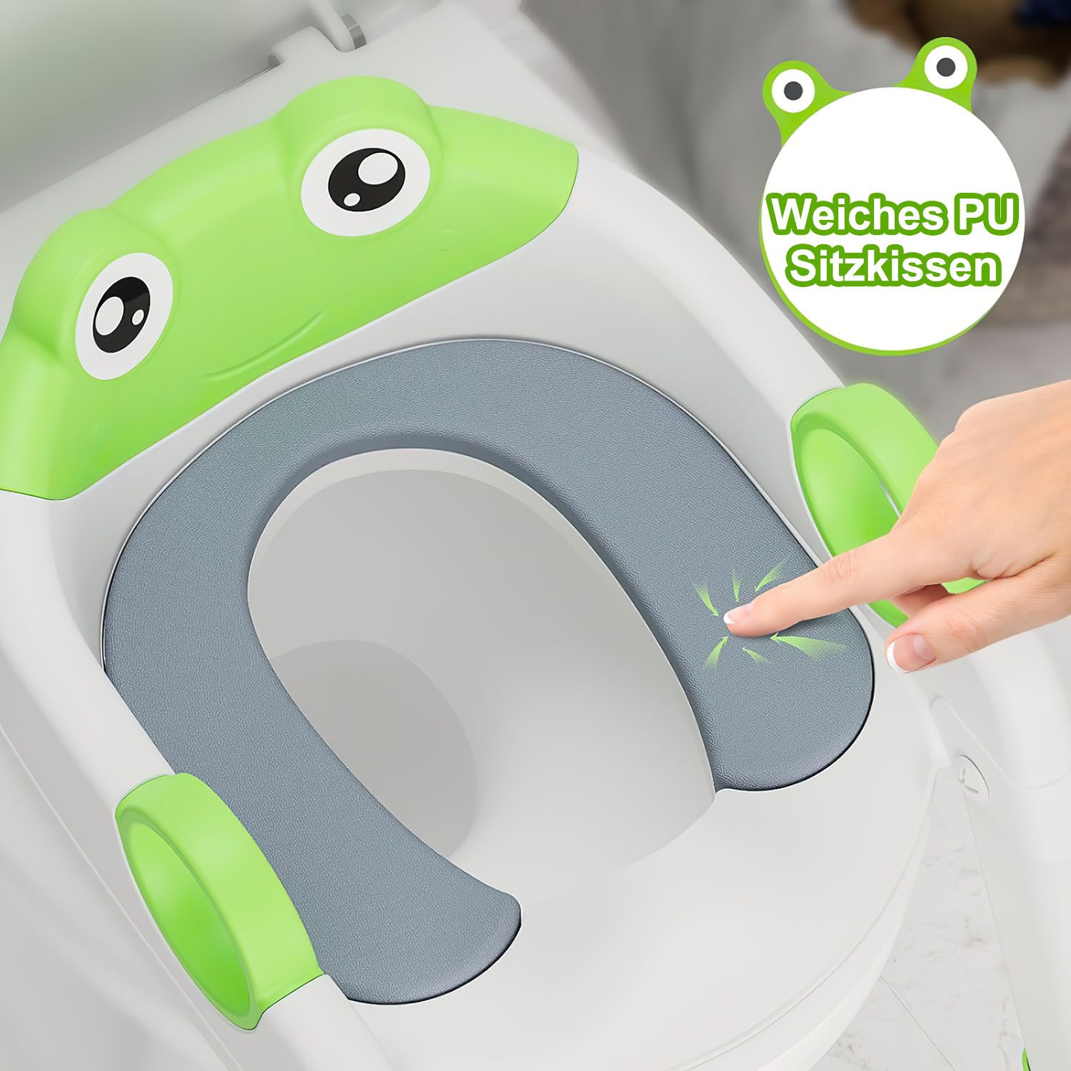 HEYHIPPO Toilet Trainer Children's Toilet Seat with Steps, Non-Slip, PU Upholstery, Foldable, Children's Toilet Trainer, Non-Slip, Ergonomic, Grey-Green, 59x38x34cm
