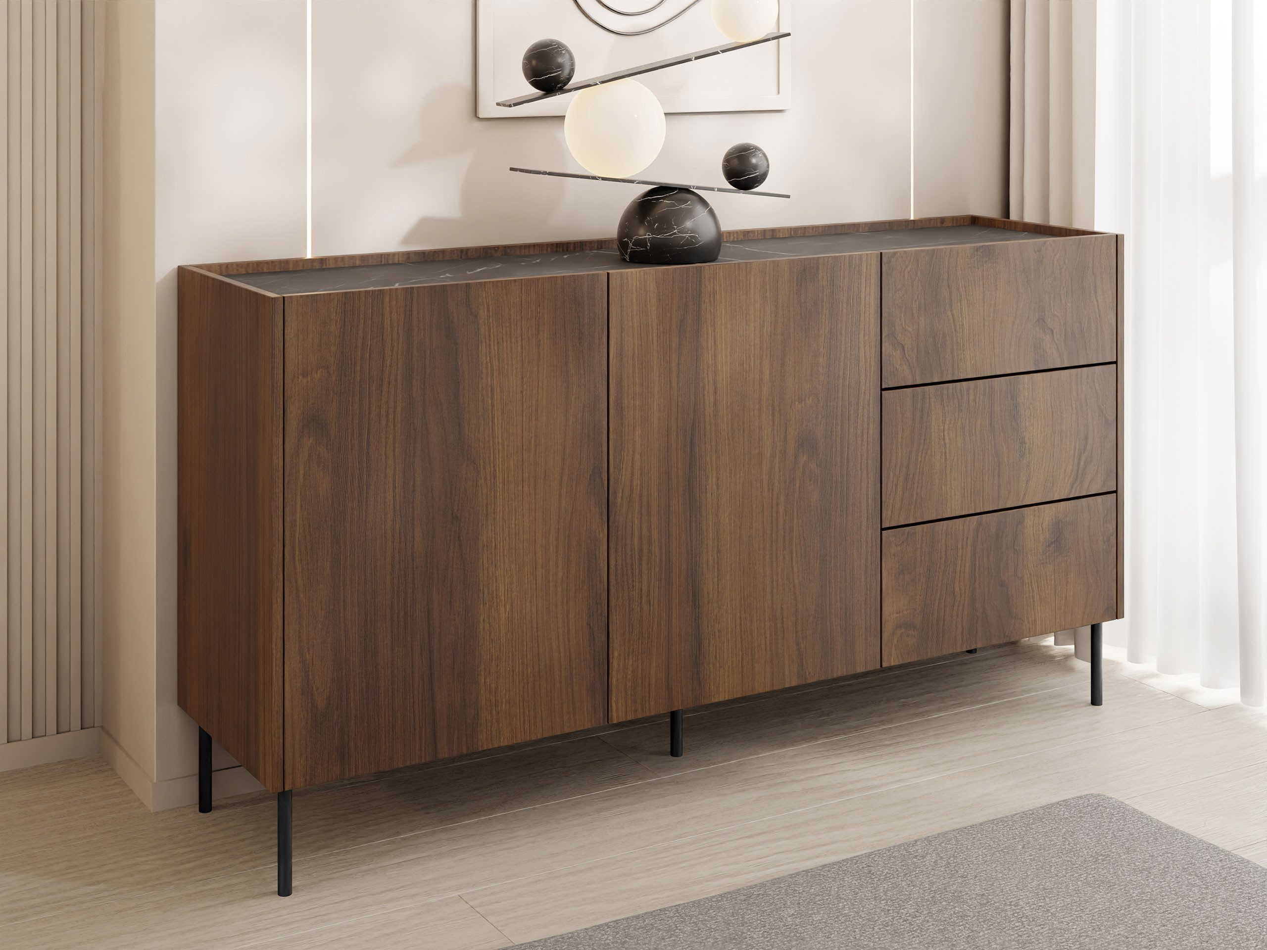 MIRJAN24 Kommode Tewos K160 3SZ (mit zwei Drehtüren und drei Schubladen), Schwarze Metallfüße
