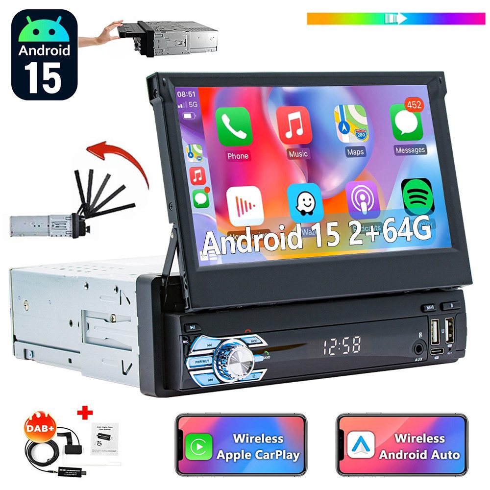 ESSGOO DAB+ 4+64G 1DIN 7'' Flip Out Android 15 Carplay Autoradio GPS WIFI FM Autoradio (Digitalradio (DAB), 4+64GB(optional), RDS, AM, FM, Carplay Android Auto Bluetooth EQ USB GPS Navi WIFI Touchscreen)