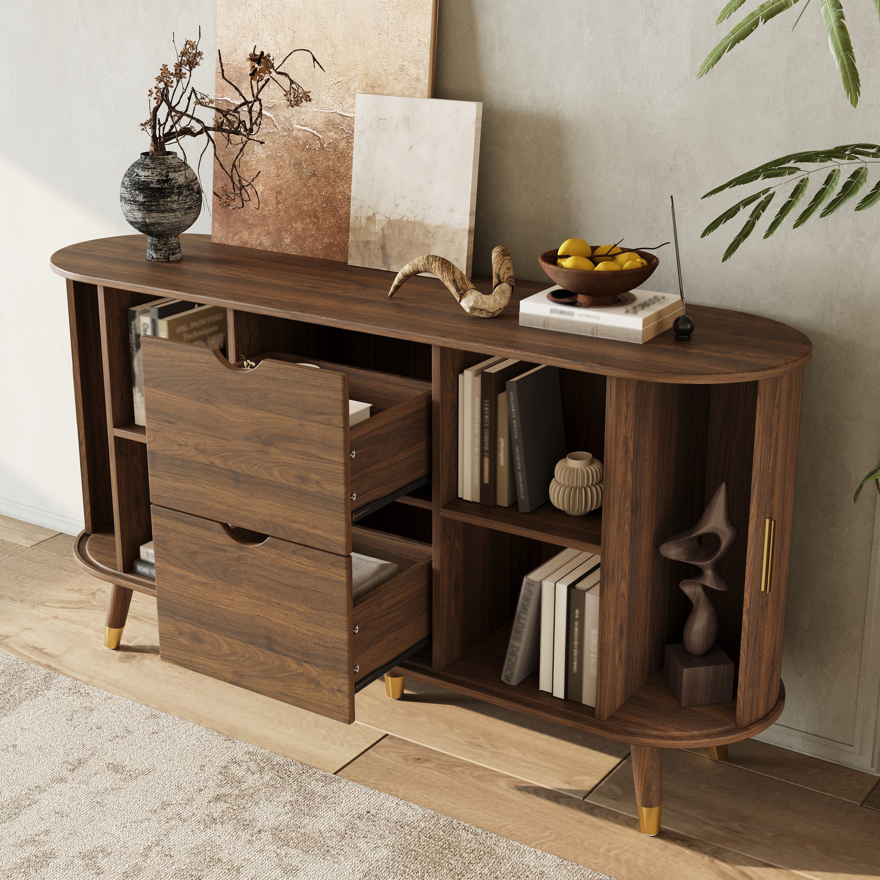 MODFU Sideboard 140x79,5x40 cm Wohnzimmer-Sideboard in vertikaler Maserung (Packung, 1 St., Praktisch mit Schiebetüren und Massivholzbeinen), Abgerundeter Eckschrank mit zwei Schubladen
