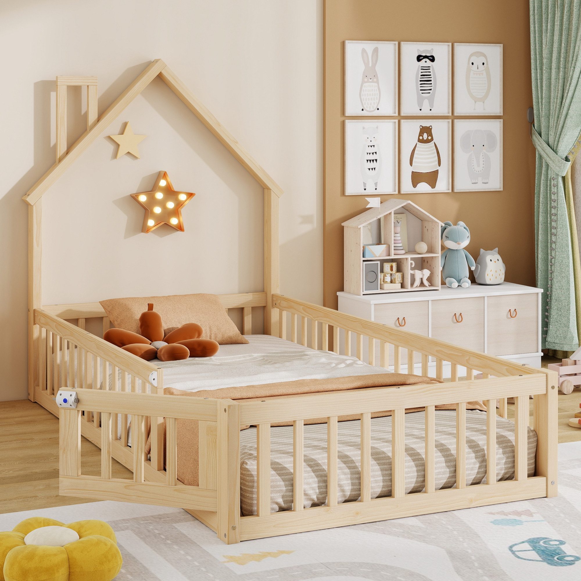 STILVORA Kinderbett 90x200 Hausbett mit Sicherheitsgitter Holzbett mit Schornsteinform (mit Schornsteinform, aus Kiefernholz mit Lattenrost, 90x200cm), ohne Matratze