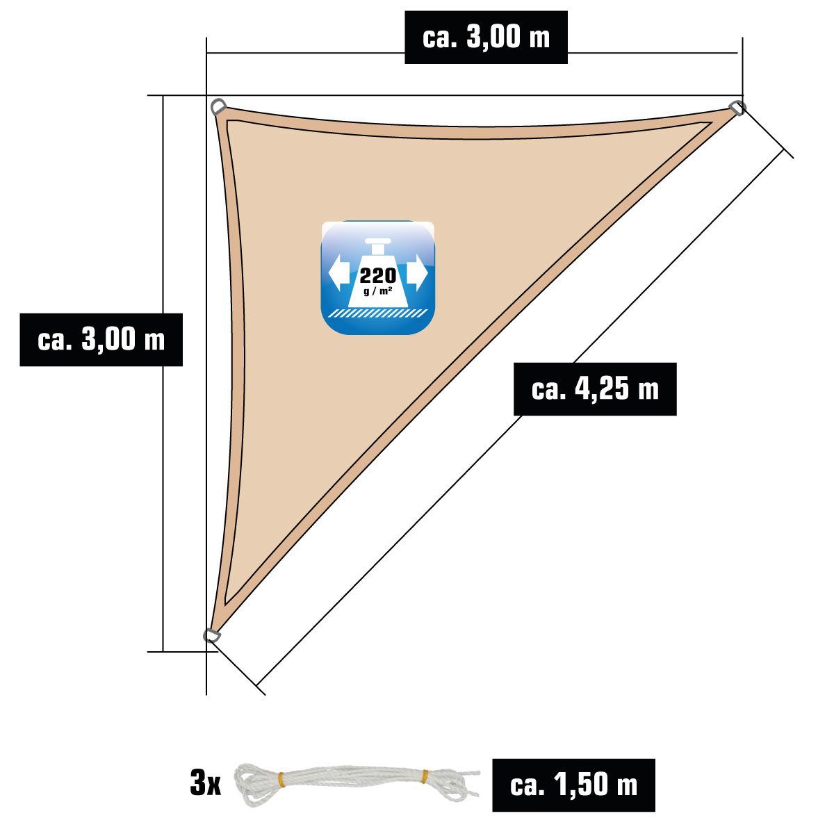 AMANKA Sun Shade Sail with UV Protection - 3 x 3 x 4.25 m, Wind Permeable - Garden, Terrace, Balcony, Water Permeable HDPE Sun Shade Sail - Triangular Canopy