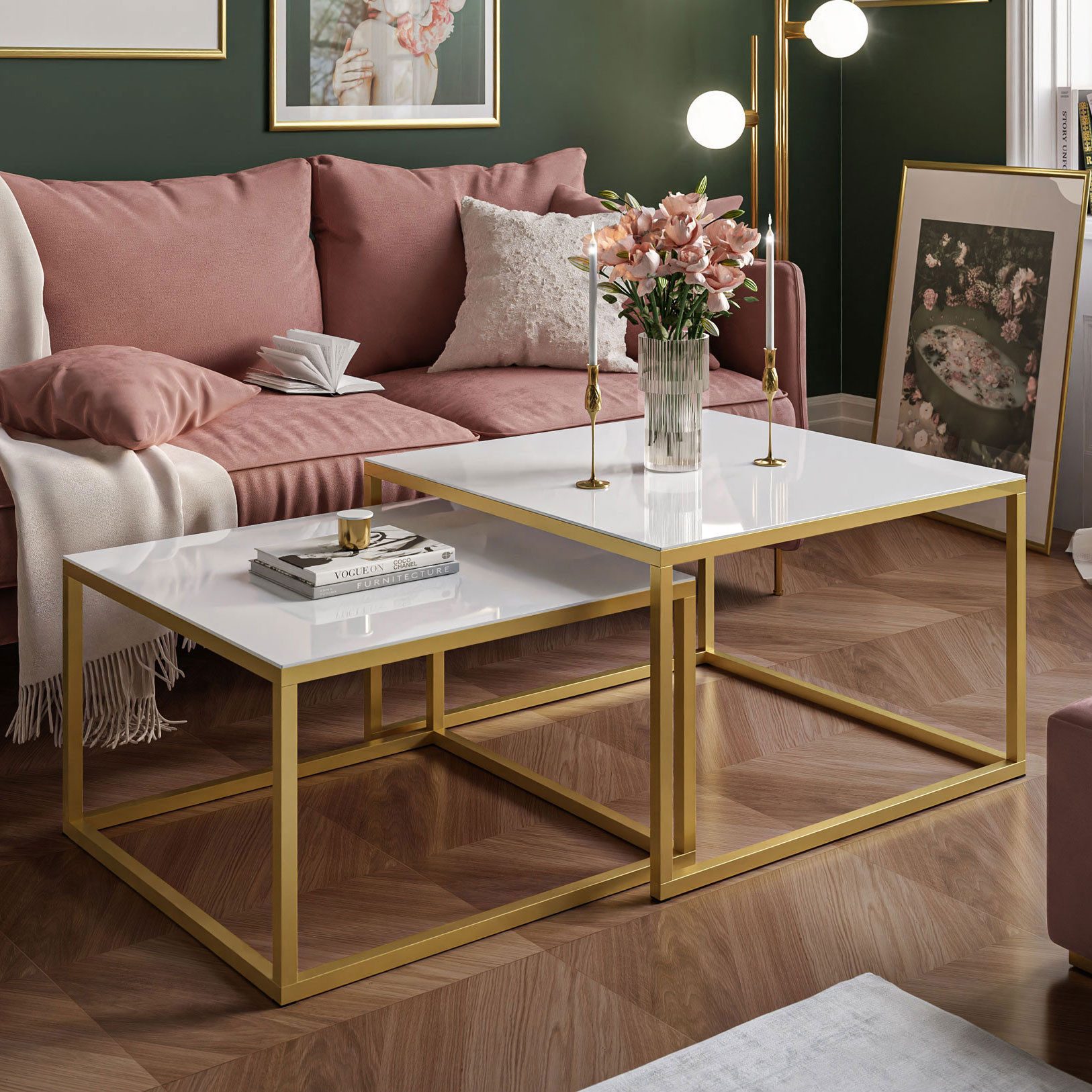 Lookway Couchtisch YOSHI GLASS 2in1 mit Glasplatte, Gestell in Gold Matt (2 günstig online kaufen