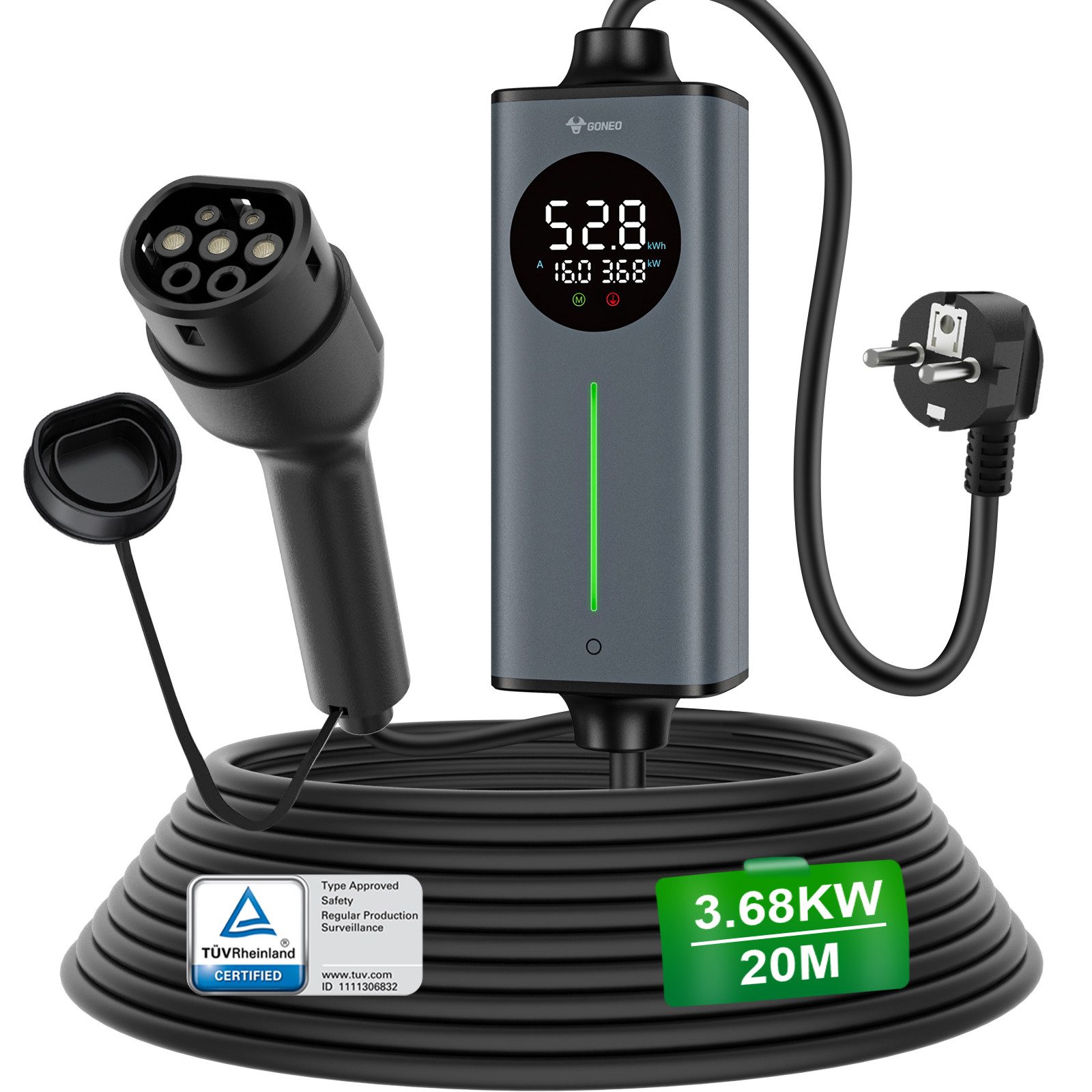 GONEO Elektroauto-Ladestation, Typ 2 Ladekabel Schuko, 3,68kW / 16A, 1-phasig, Tragbares Elektroauto-Ladegerät, Einstellbare Ladeleistung & Timer