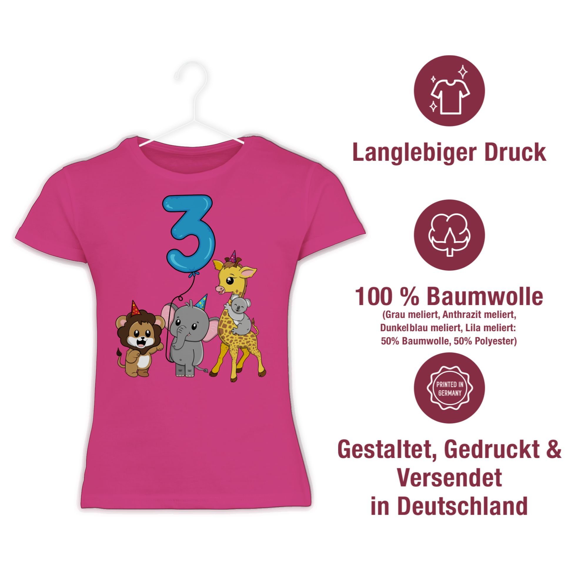 Dritter Fuchsia Tiere Shirtracer Ballon mit Geburtstag 2 3. T-Shirt