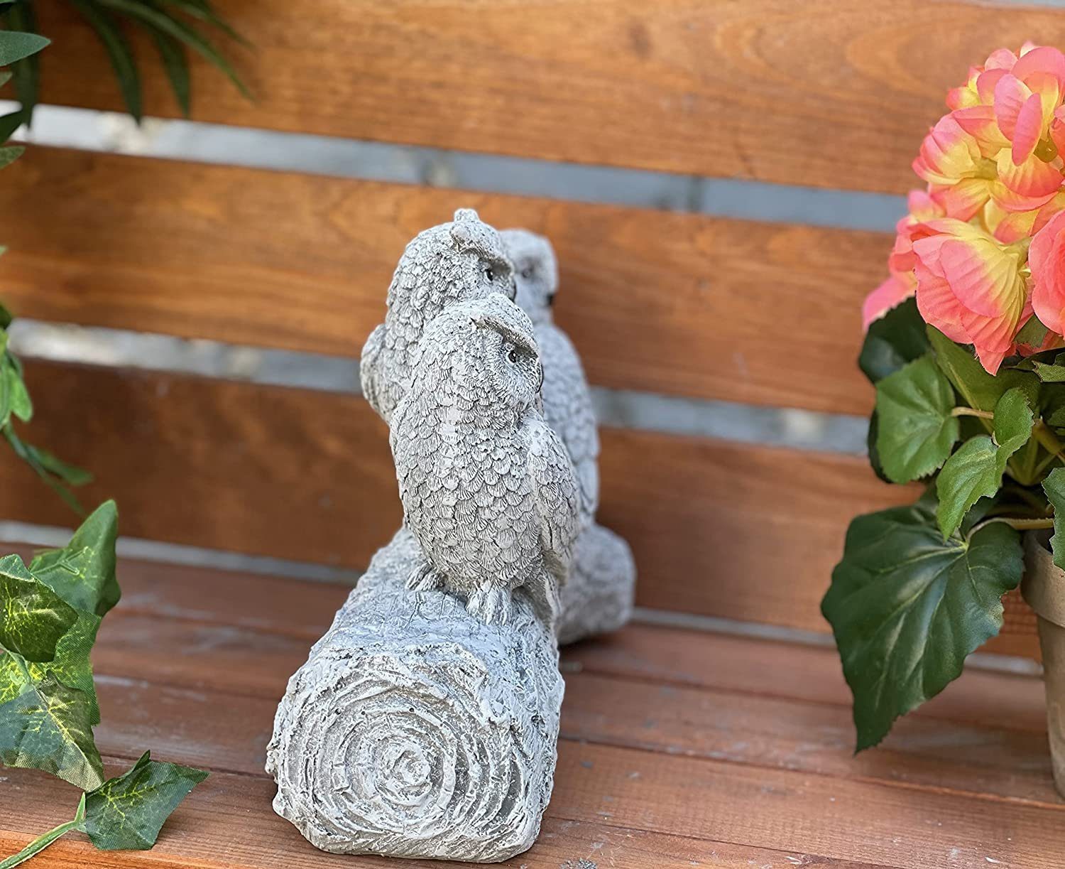 Stone and Style Gartenfigur Frostfeste Steinfigur 3 Eulen auf Baumstamm – Bild 3 von 5