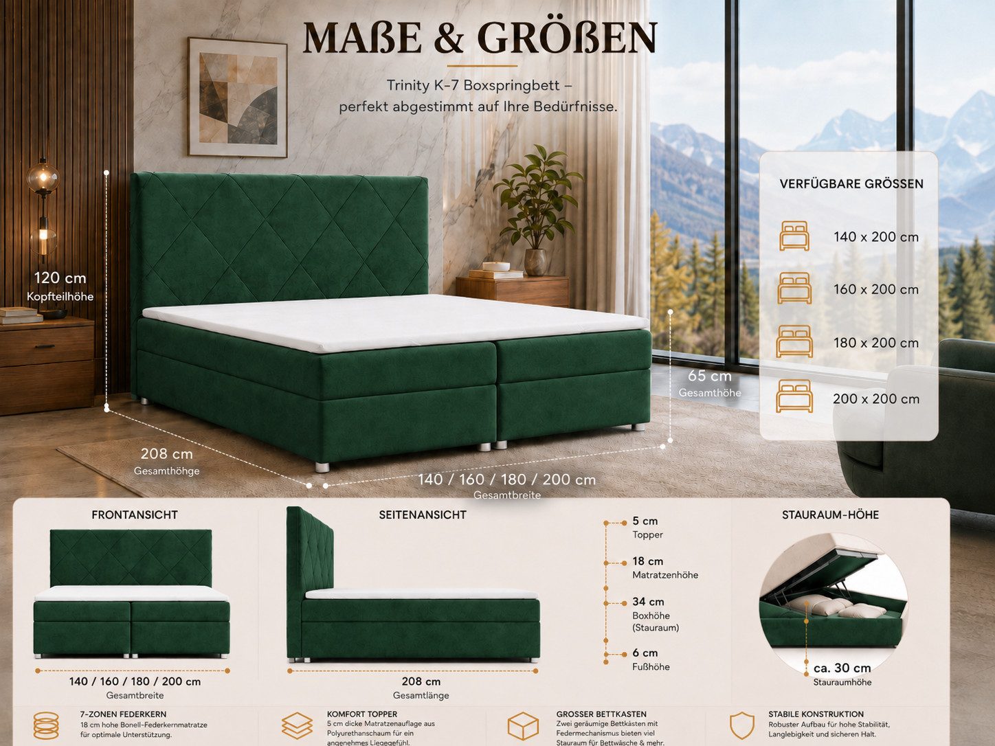 Best for Home Boxspringbett mit Bettkasten Trinity K-7 Bonellfederkern inkl. Komfort Topper H3 (Komplett-Set, 1-St., 140x200 160x200 180x200 200x200 cm), Handwe – Bild 5 von 5