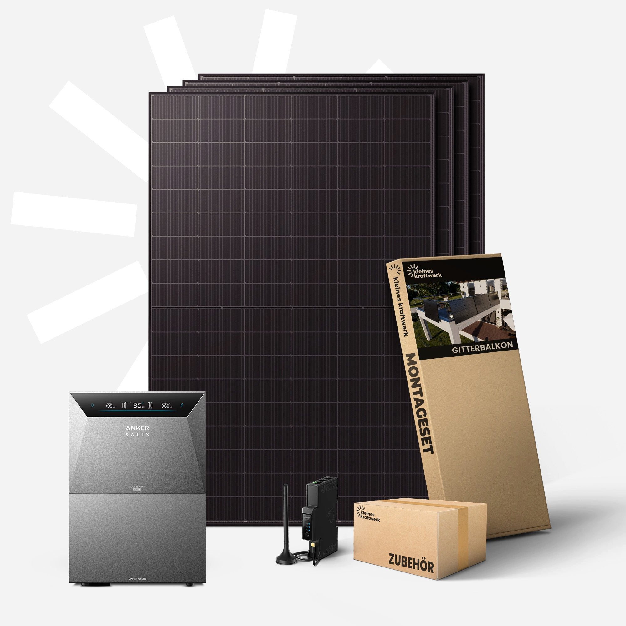 Kleines Kraftwerk Balkonkraftwerk Quattro XL mit Speicher (Anker Solarbank 4 Pro), 2000 W, Monokristallin, (Gitterbalkon, Solaranlage Komplettset mit Speicher), 4 x 500W, Anker Solarbank 4 Pro