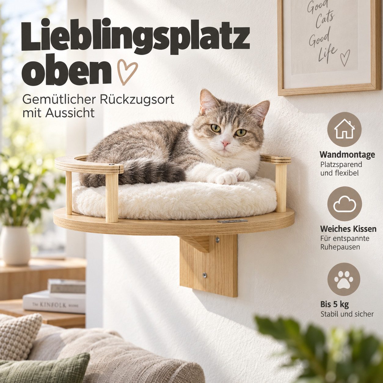 MIBODE Tierbett Wandliege für Katzen mit Kissen, Eiche/Cremeweiß, 34x34cm, Wandmontage, Schutzrand, abnehmbares Liegekissen