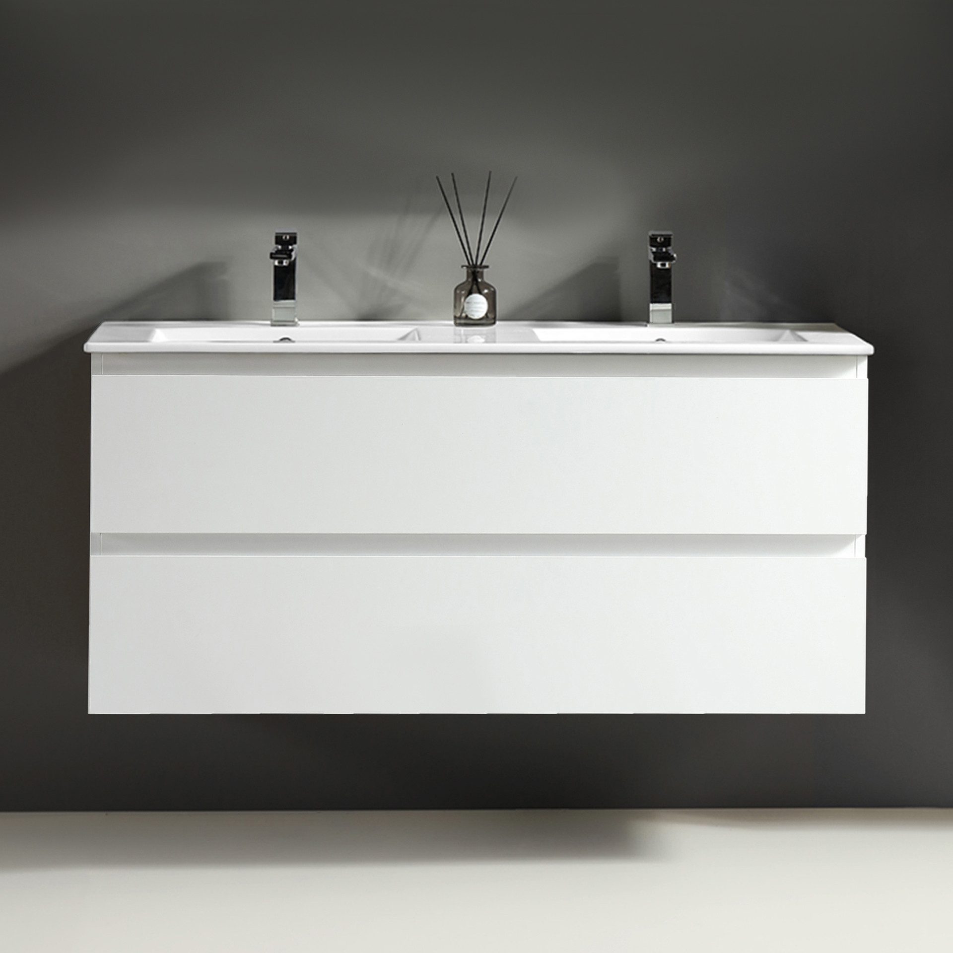 Alpenberger Badezimmer-Set Badezimmer Möbel Badschrank, (Moderner Waschplatz, Keramik Waschbecken mit Überlauf), Doppelwaschtisch 120 cm Breit – Weiß Glänzend
