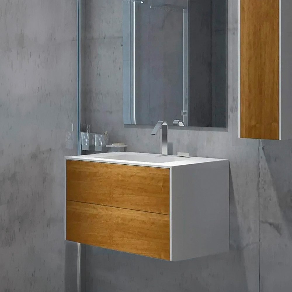 Henneke Waschtisch Corian® WoodOne+ mit Becken mittig eckig und Unterschrank zweireihig, Fugenlos aus Mineralwerkstoff