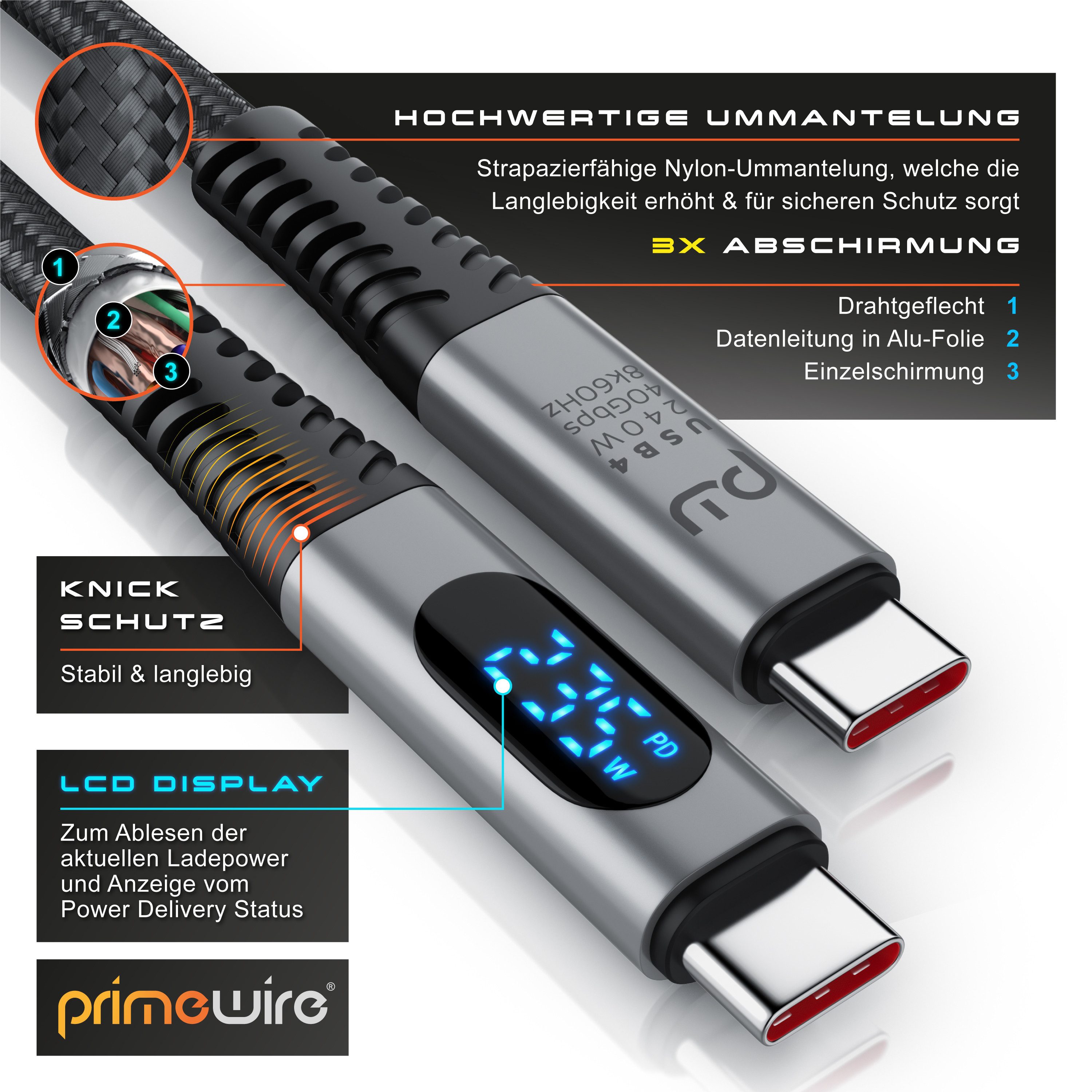 Primewire Thunderbolt 3 Kabel, USB 4 Typ C, USB-Kabel, USB-C, (100 cm), Gen 3x2-100 Watt Ladekabel / Datenkabel 40 Gbit/s mit Display, 1m