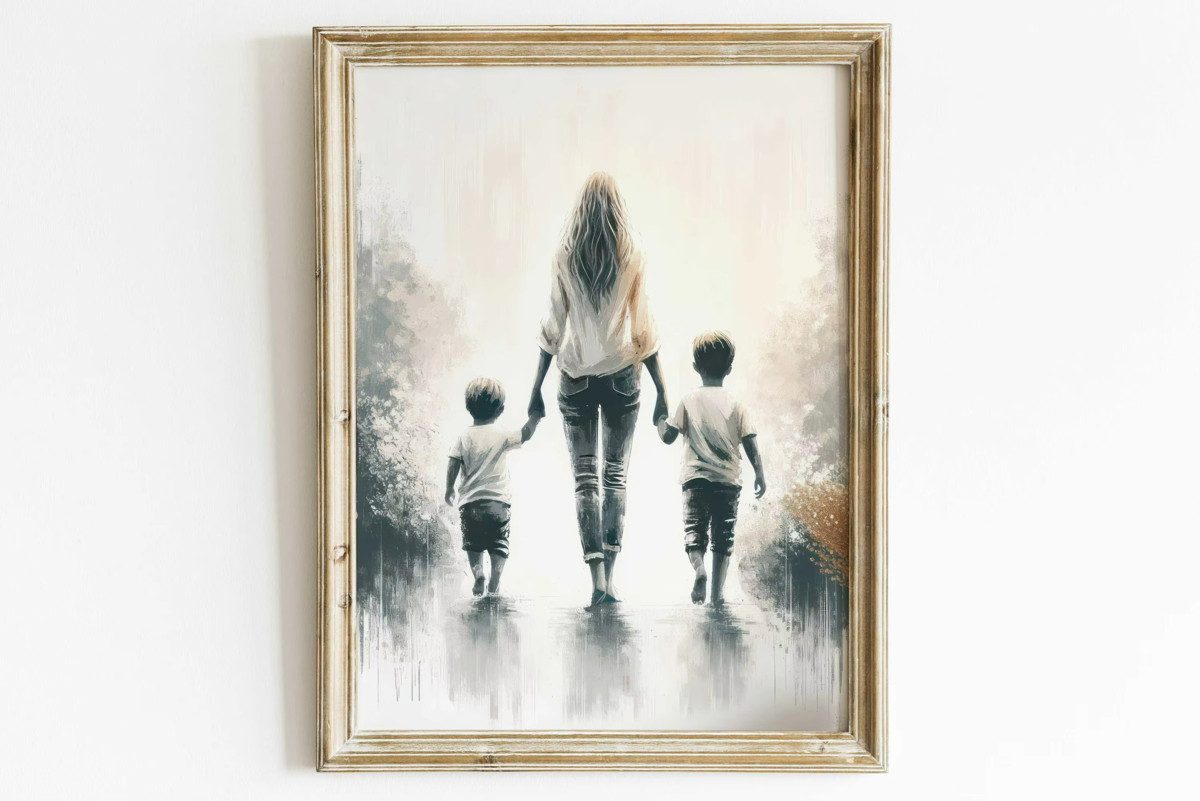 TPFLiving Kunstdruck (OHNE RAHMEN) Poster - Leinwand - Wandbild, Mutter und Kind Wandkunst Home Decor Leinwand Malerei (Leinwandbild XXL), Farben: Braun, Grau, Schwarz, Weiß, Blau, Gelb -Größe: 20x30cm