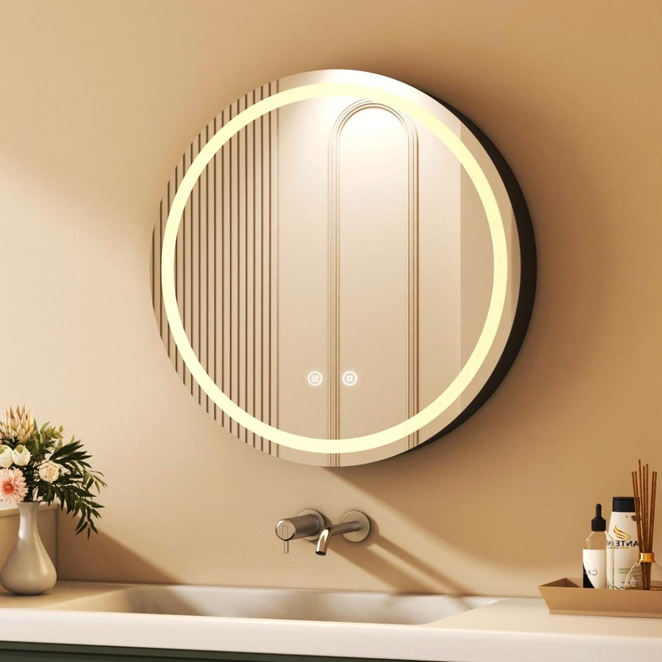 WDWRITTI Spiegelschrank Bad mit Beleuchtung Badezimmerspiegelschrank mit LED ∅80cm, ∅60cm (Wandschrank Badezimmer Rund 60x60cm 80x80cm, 3Lichtfarben, Dimmbar, Anti-fog, Speicherfunktion) Metall Schrank, Stahlblechregale, mit Netzadapter, IP44