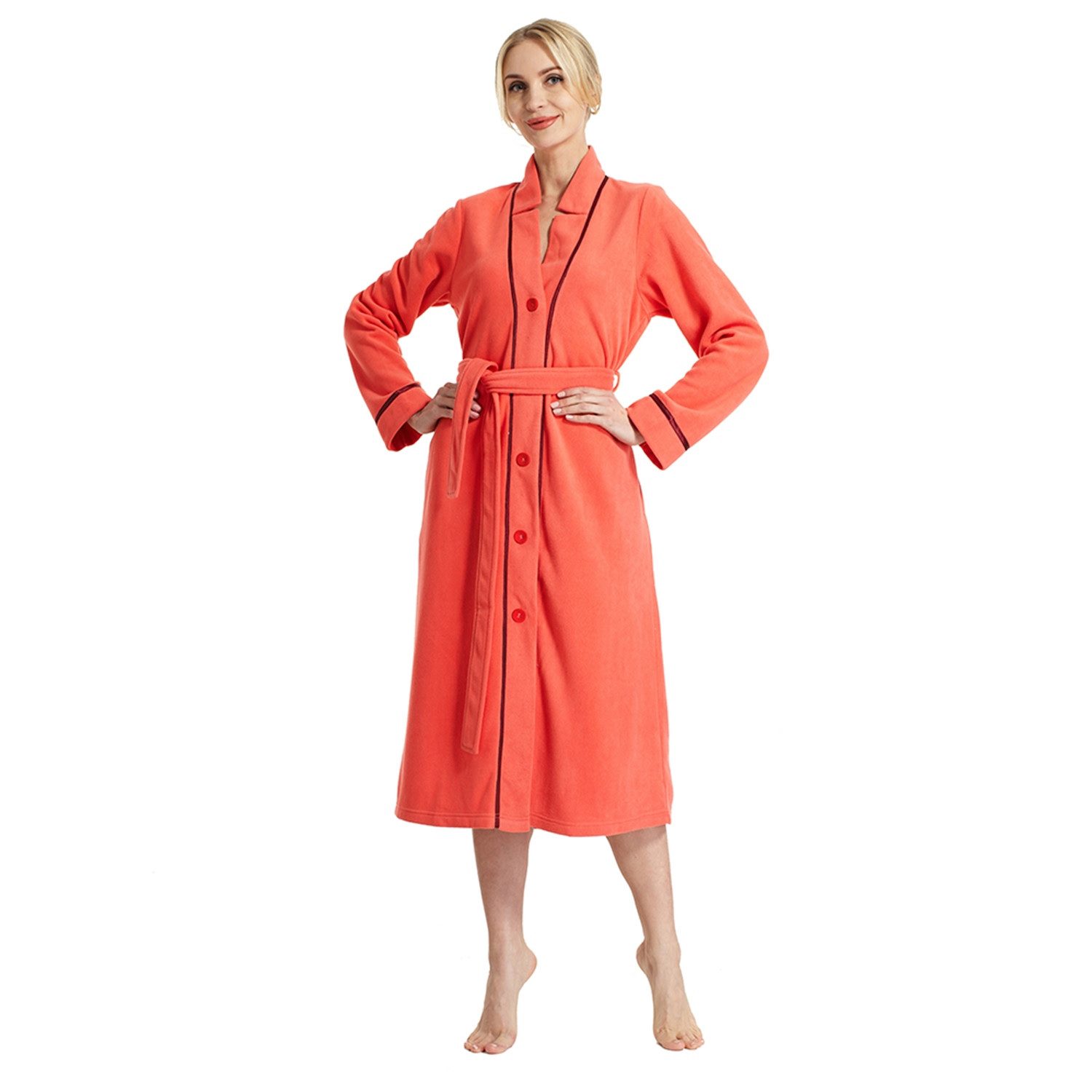 M-Diamant Bademantel Damen Bademantel mit Knopfleiste Flauschig Morgenmantel Saunamantel, Stehkragen, mit Knopfleiste, Microfaser-Flauschmaterial