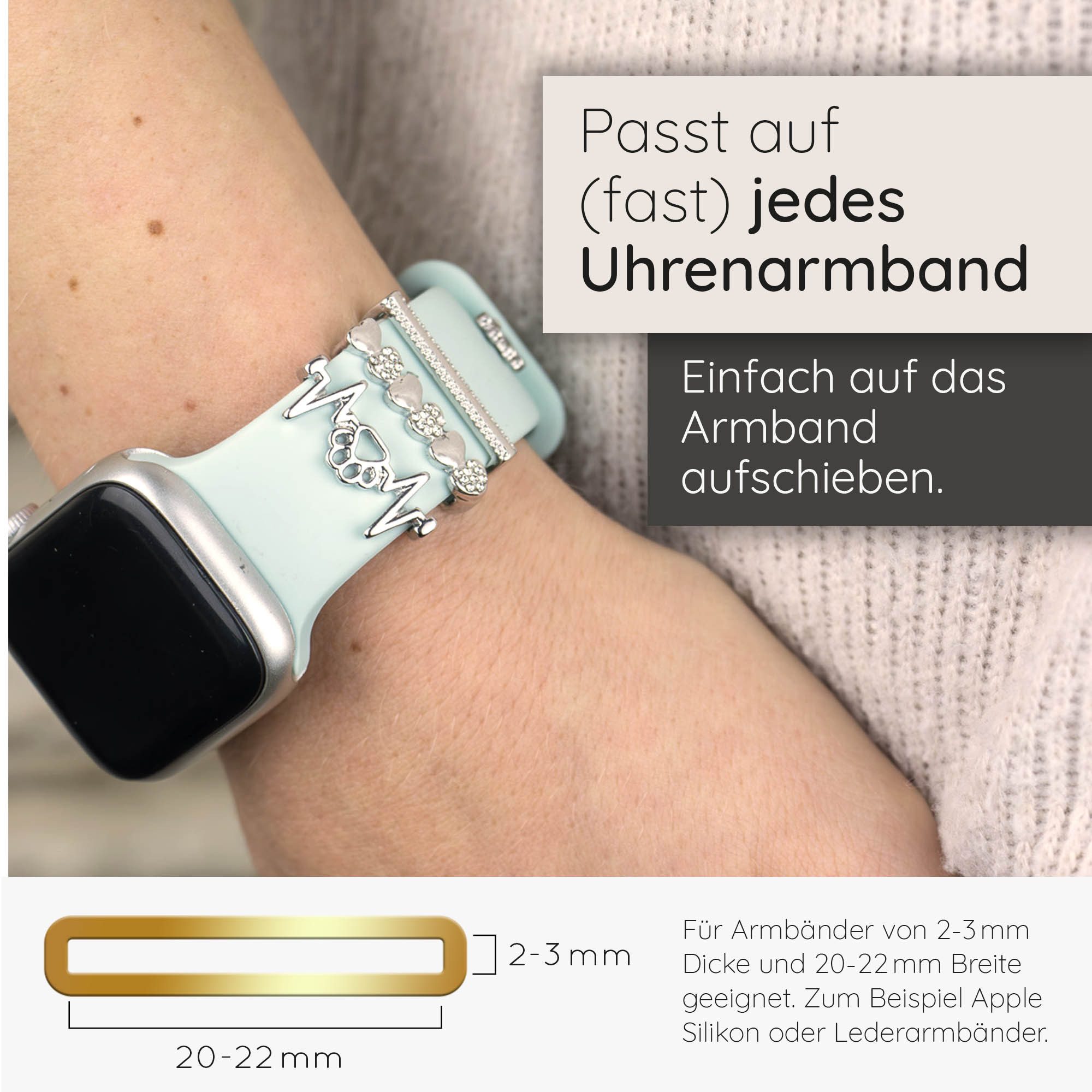 EAZY CASE Smartwatch-Armband Apple Watch Charms Set 38/40/41mm & 42/44/45/49mm, trendige Watch Charms Pfote Herzen mit Strasssteinen Silber – Bild 4 von 5