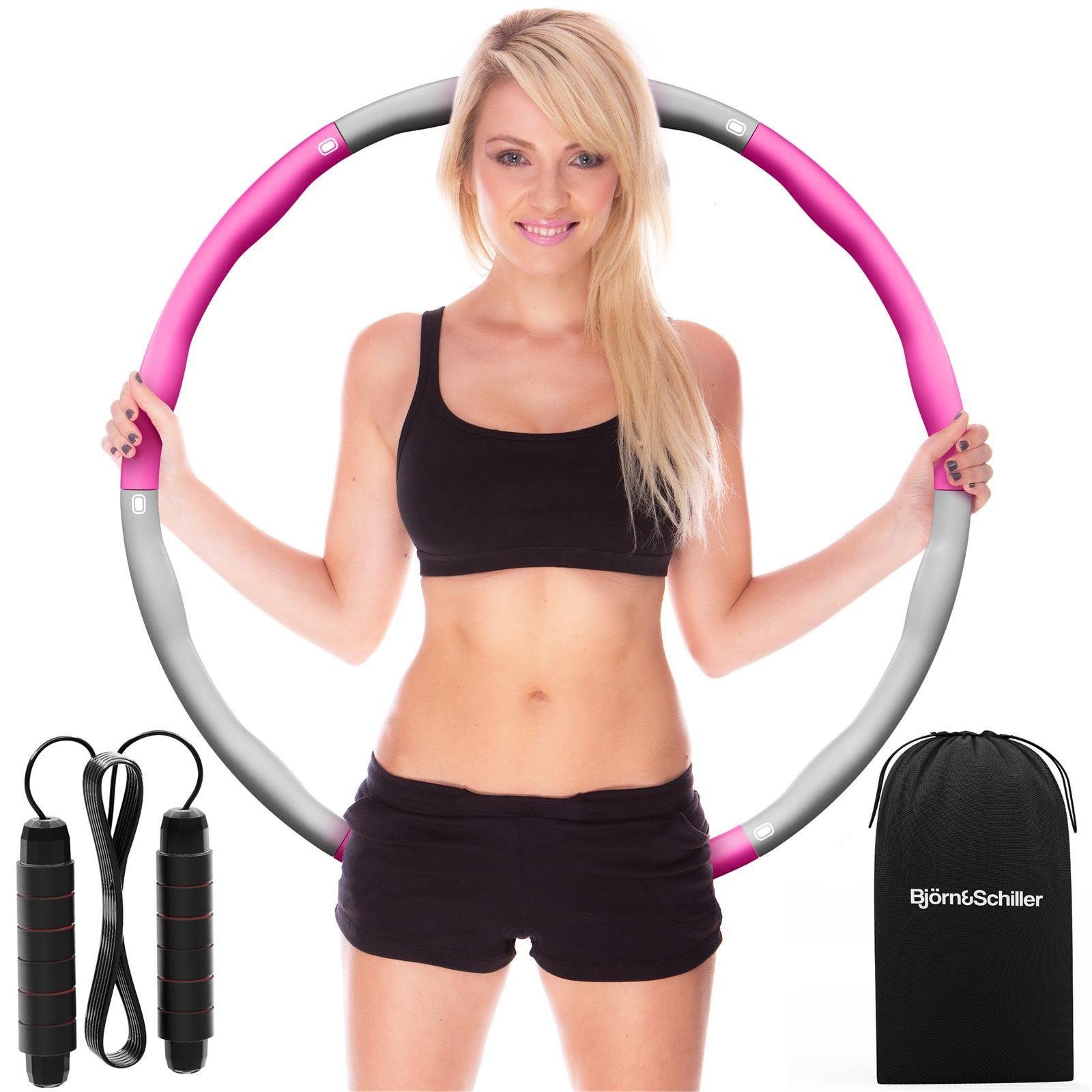 Björn&Schiller Hula-Hoop-Reifen Hula Hoop Reifen Erwachsene + Springseil kürzbar + Tragetasche (Premium Hula Hoop Reifen 73 cm für innen und außen - Hulla Hoop für die tägliche Fitness, 6-tlg., Fitnessreifen zum Abnehmen, Fettverbrenner, Sportgeräte zuhause)