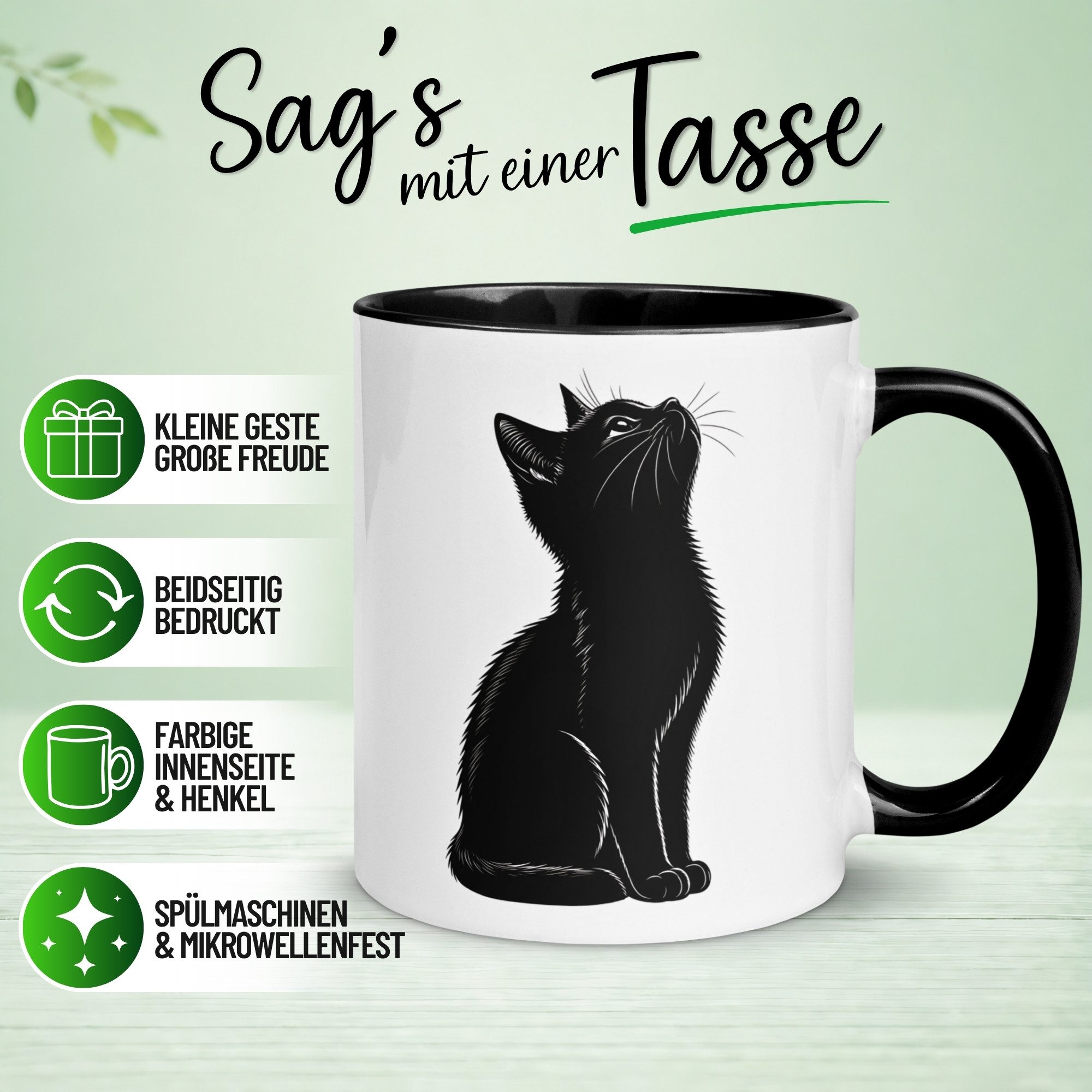 Momentals Tasse Katze – „Schwarze Katze“ – lustiger Katzen Geschenk Becher, Gratis Versand · Links-&Rechtshänder · Spülmaschinenfest