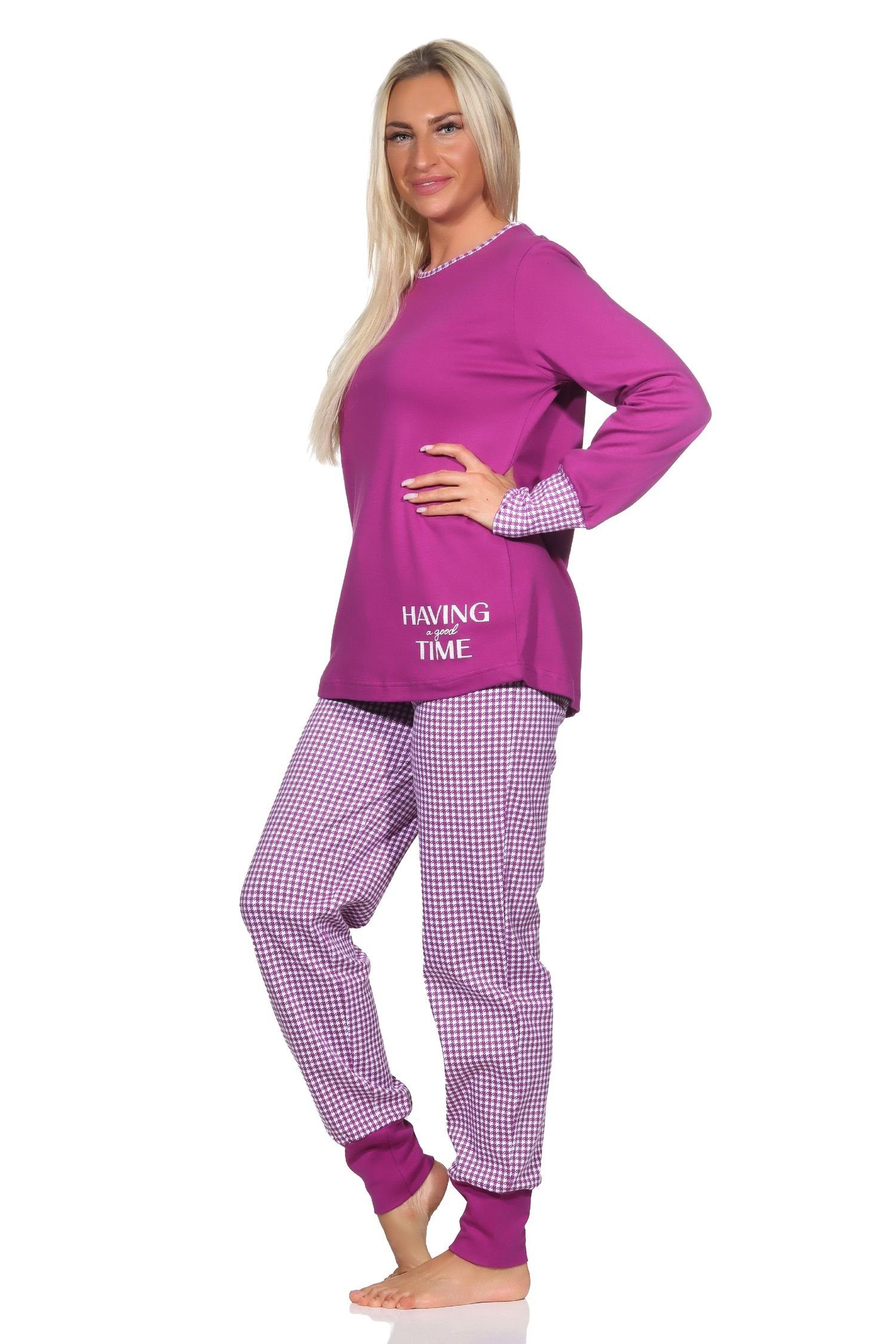 in Interlock Schlafanzug Kuschel Normann Normann Qualität mit lila Pyjama Damen Bündchen