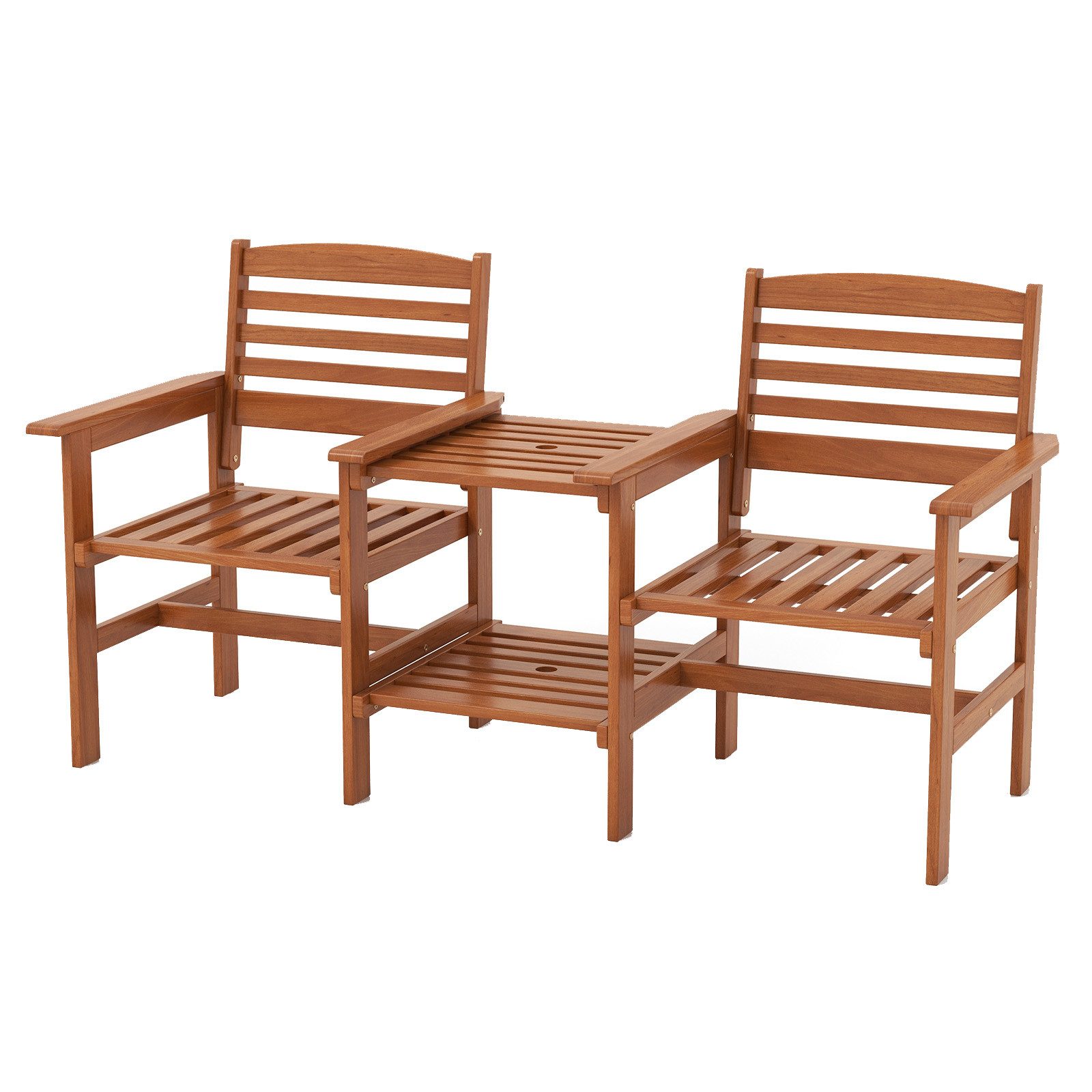 COSTWAY Balkonset, 3er Set, Gartenbank mit Tisch, mit Schirmloch, Holz