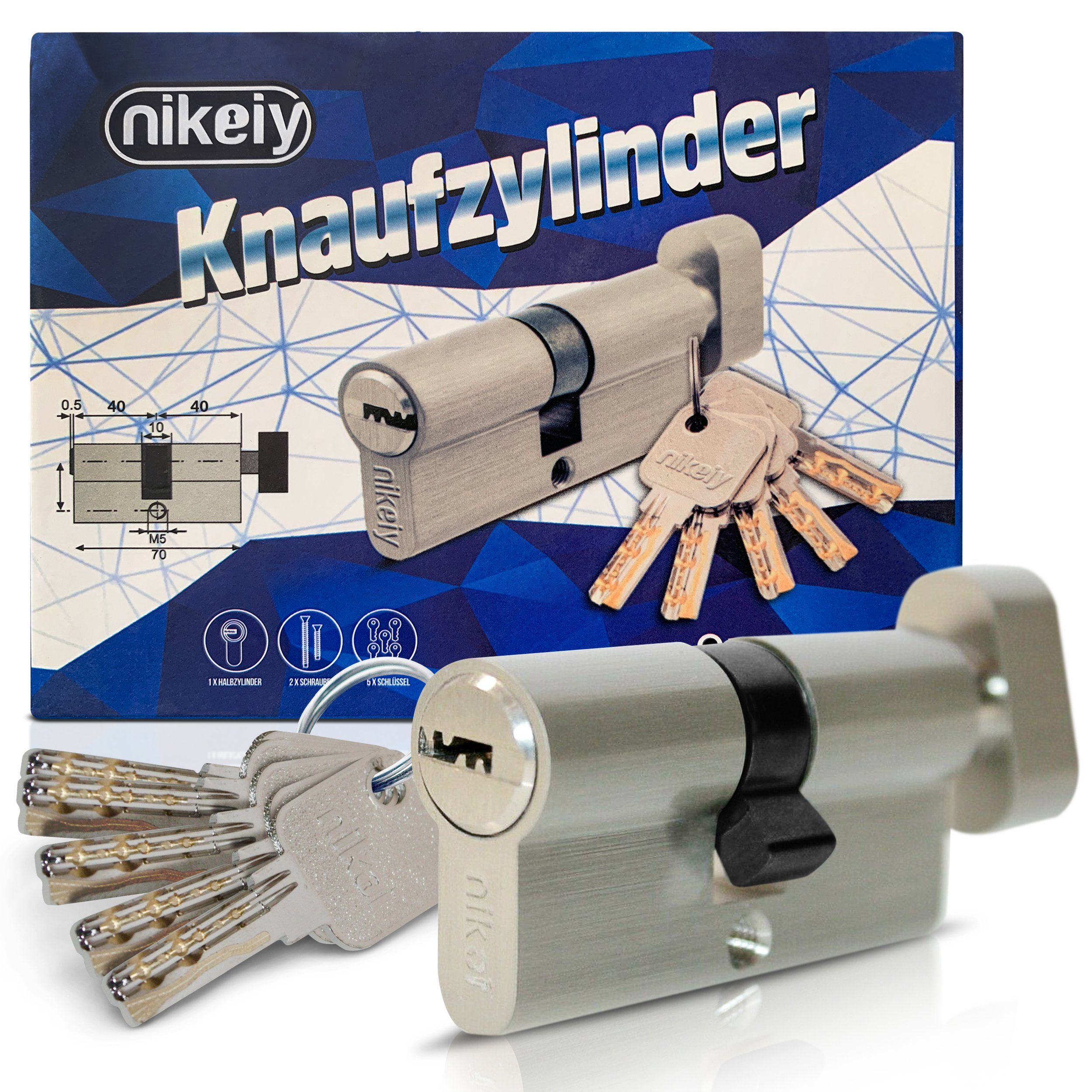 Oramics Einsteckschloss 6-Stiftiger Knaufzylinder Türzylinder 40/40 inkl. 5 Schlüssel »Knaufzylinder«, Schließzylinder mit 2 Montageschrauben (80 und 50 mm), 8-tlg., Türschloss mit 2x 6 Sperrstiften, ideales Türschloss für Innen- und Außentüren