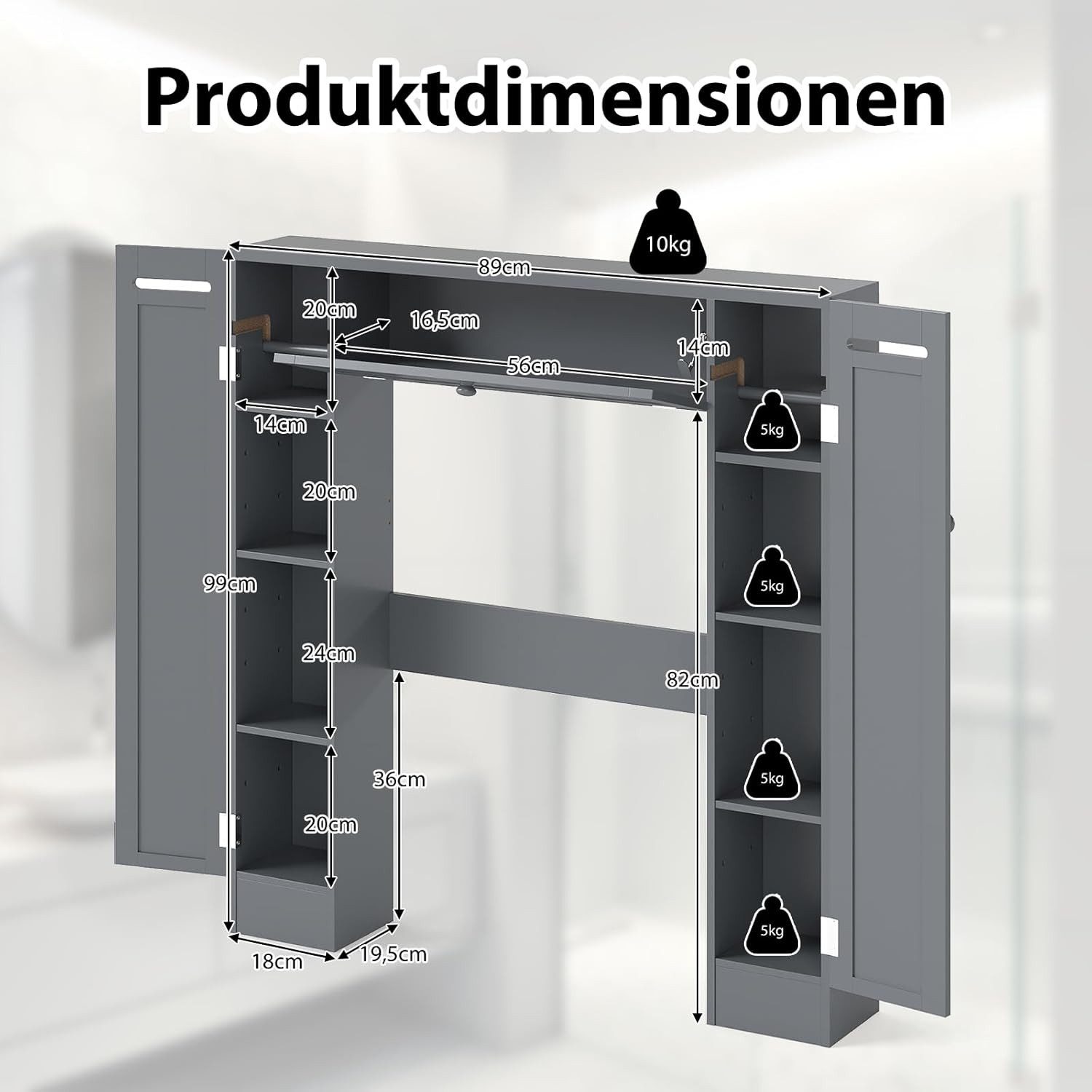 KOMFOTTEU Fächerschrank Toilettenregal Badezimmerregal Standregal, 98 x 87 x 18 cm – Bild 5 von 5