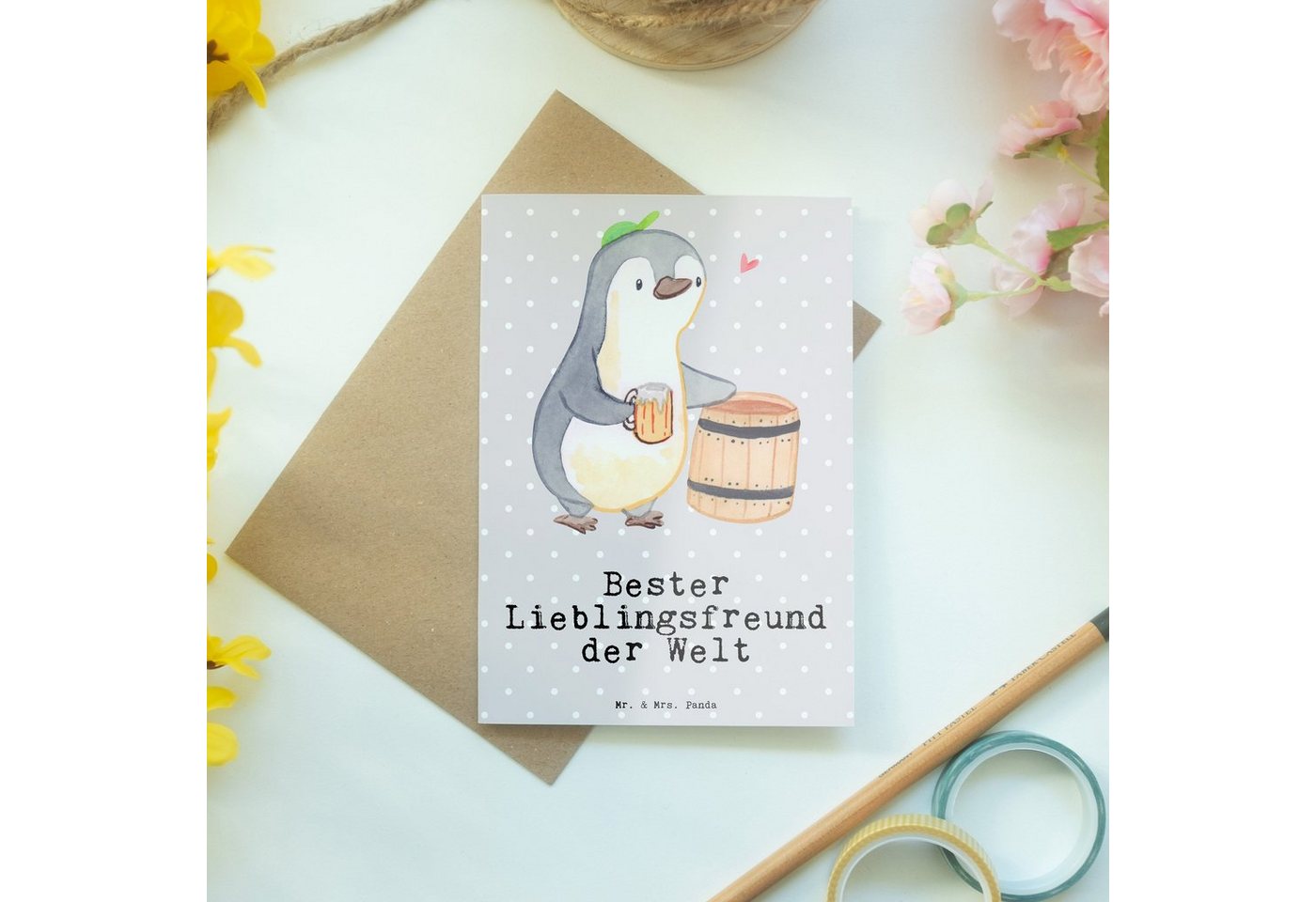 Thumbnail - Mr. & Mrs. Panda Grußkarte Pinguin Bester Lieblingsfreund der Welt - Grau Pastell - Geschenk, Ge, Edler Umschlag