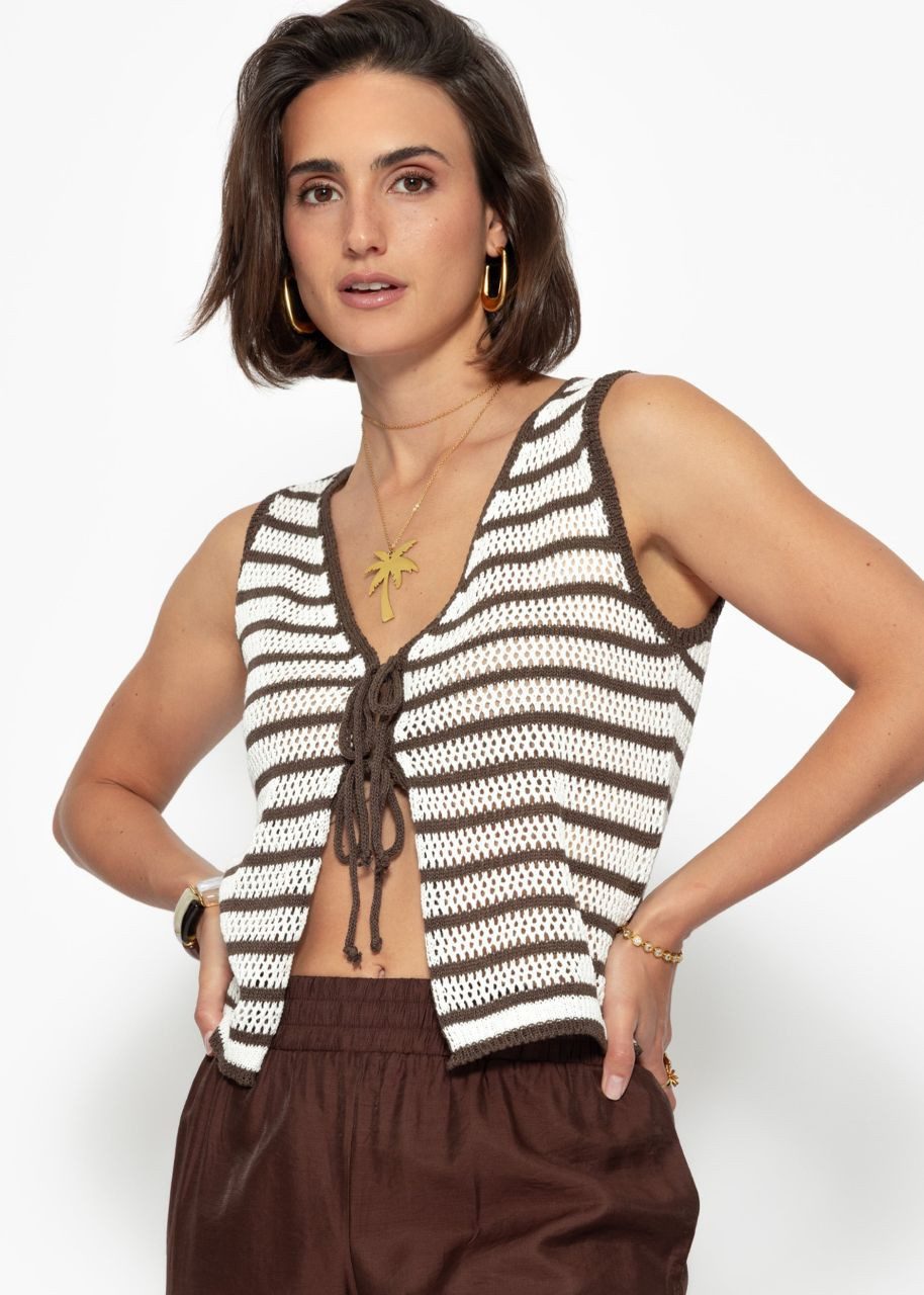 SASSYCLASSY T-Shirt Stricktop mit Schleifenverschluss für Damen Sommerliches Top in Grobstick Optik mit Bindebändern Braun Weiß