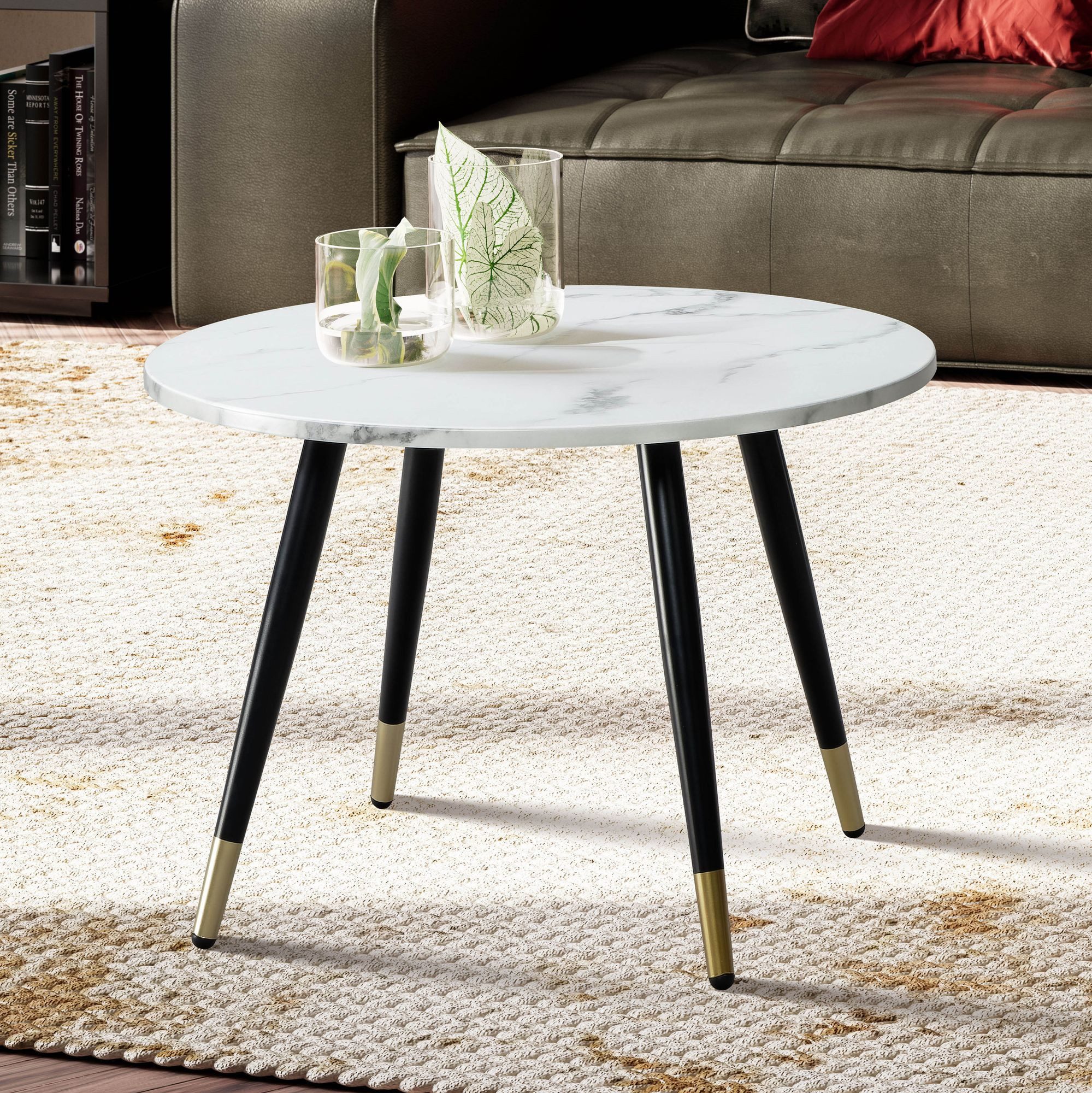 FINEBUY Couchtisch FB60703 Sofatisch Marmor Optik 60 cm Wohnzimmertisch Rund Tisch (Sofatisch Rund Marmor Optik Weiß, 60x60x41 cm), Wohnzimmertisch Kaffeetisch mit Metall-Gestell