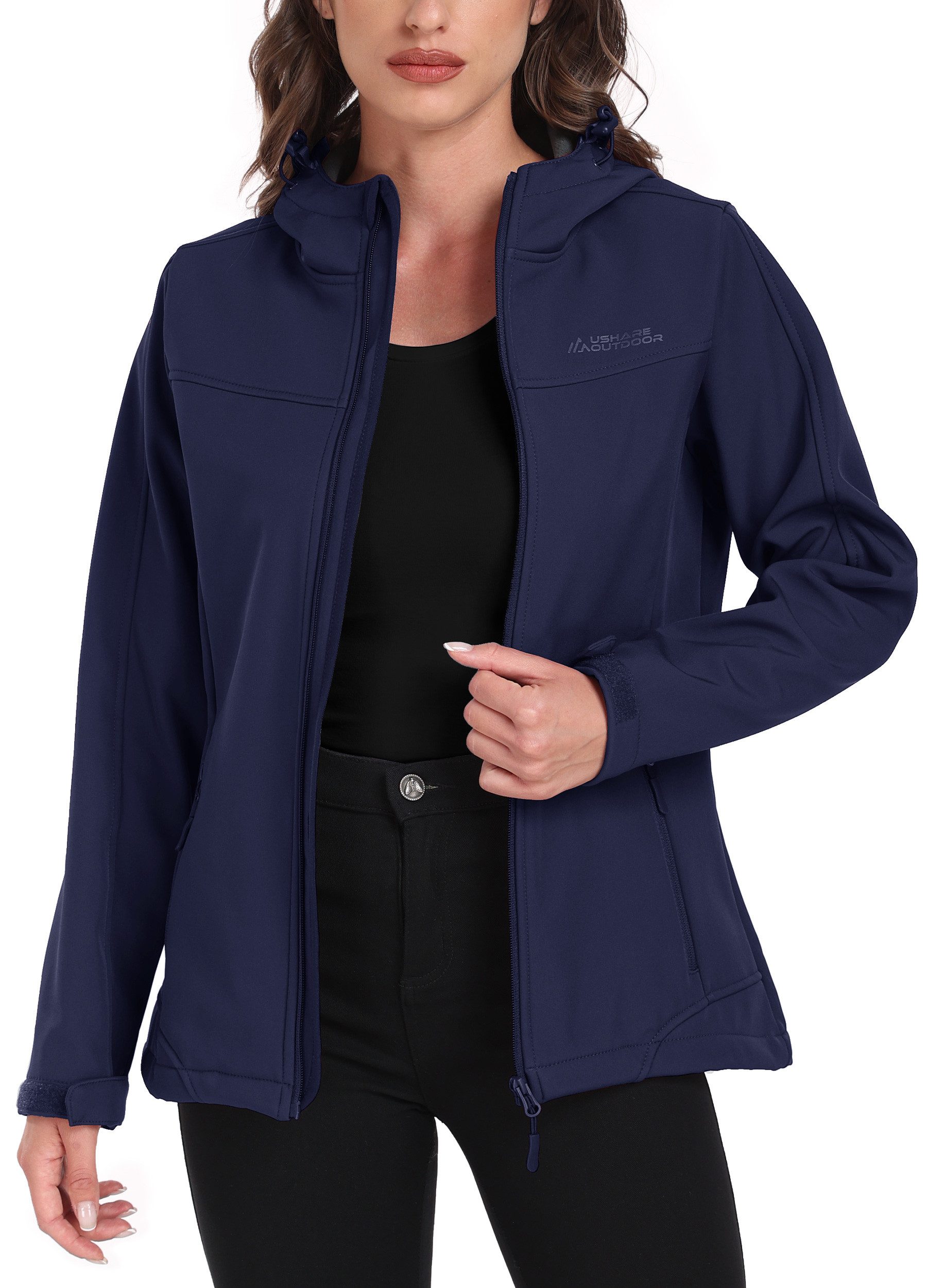 ATLASLAVA Softshelljacke Damen Wasserdichte Übergangsjacke Atmungsaktive Regenjacke Winddichte Jacke Gefüttert Kapuze für Outdoor Wandern