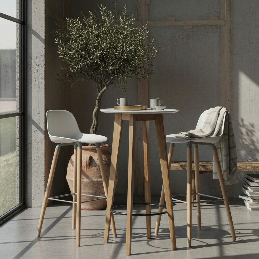KADIMA DESIGN Bartisch Stehtisch 60x110x60 cm Weiß Rund, Bartisch für 4 Personen, Moderner, Tisch für Bar, Design Partytisch Holz, Hochtisch Eiche Skandinavisch