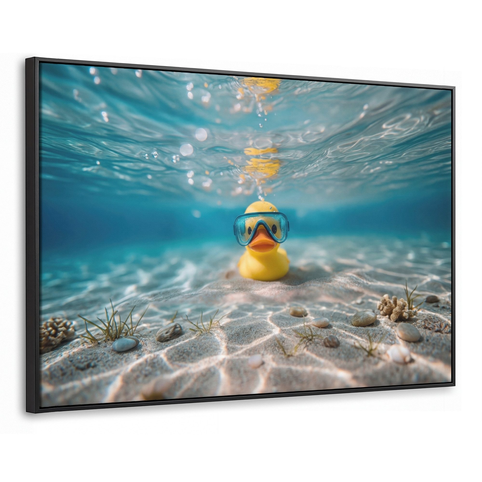 OneMillionCanvasses® Leinwandbild mit Rahmen - Schwimmbrille - Ente - Wasser, Fotodruck (1 St), XXL, Wohnzimmer, Schattenfugenrahmen, Deko Aesthetic 140x90cm