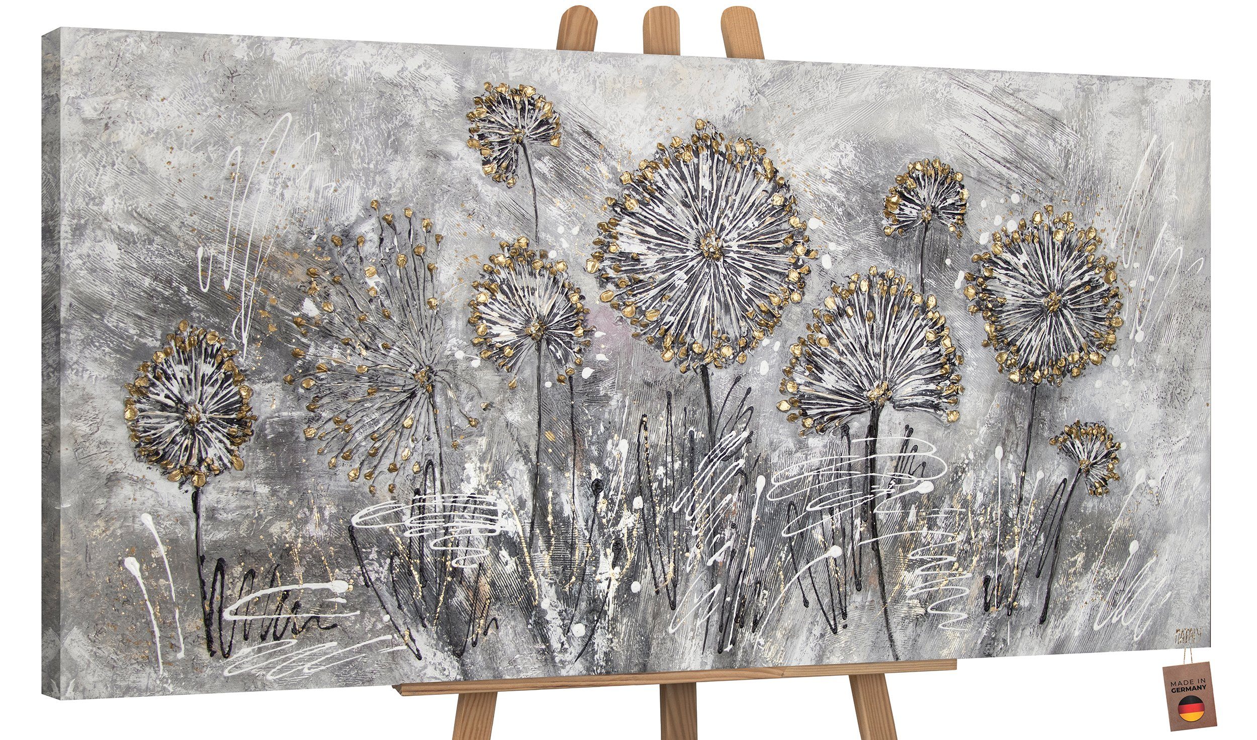 YS-Art Gemälde Frühlingsblumen, Blumen, Löwenzahn Leinwand Bild Handgemalt Gold Grau Schwarz Blumen Ohne Schattenfugenrahmen