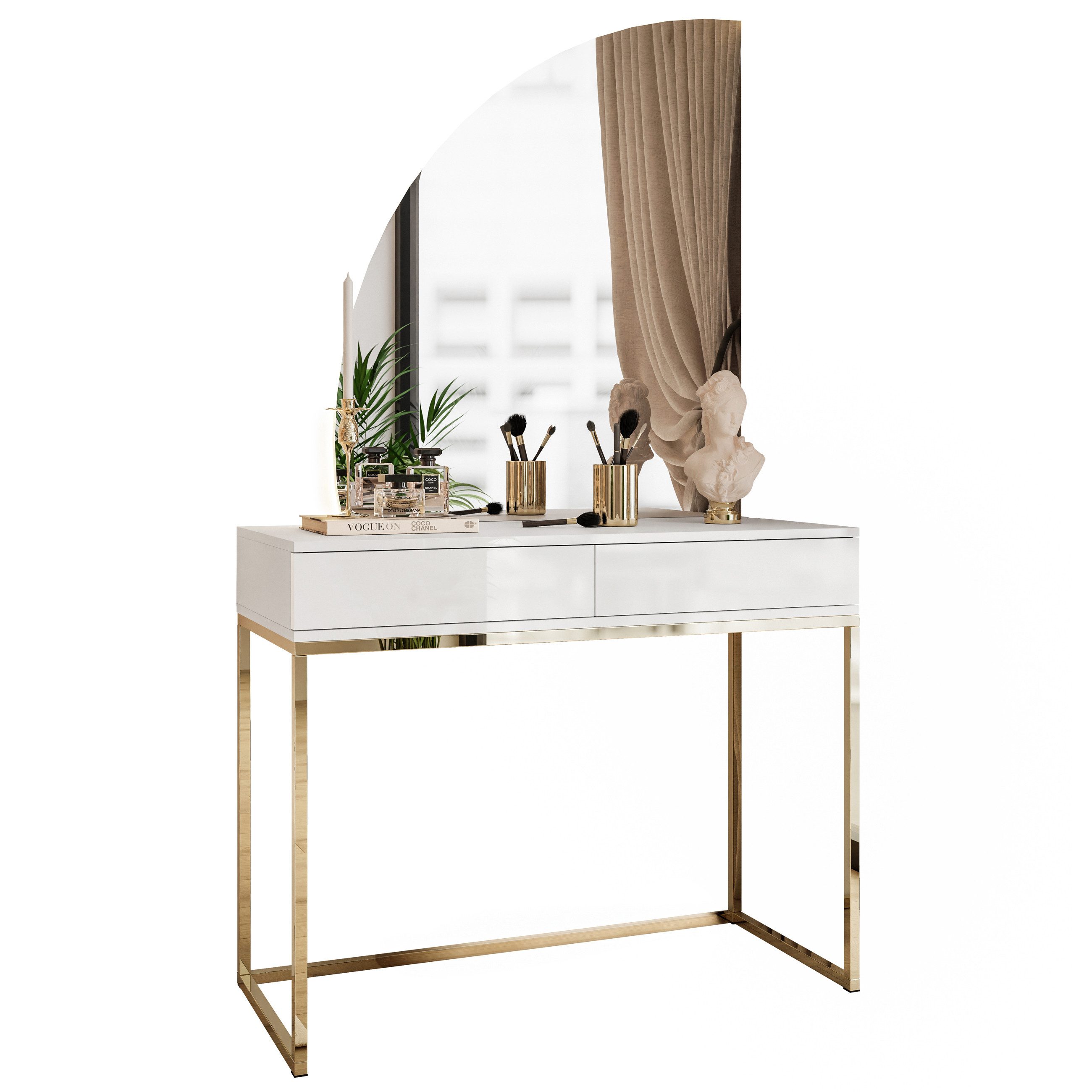 Lookway Schminktisch QUINNIE Weiß mit Goldchrom-Gestell und Spiegel mit LED günstig online kaufen