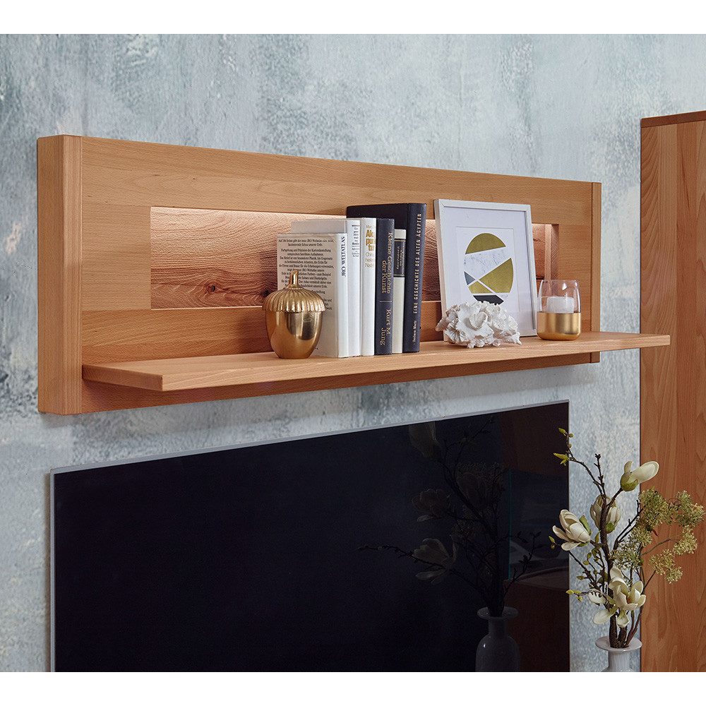 Lomadox Wandregal WELLAND-69, 123 cm breit, Kernbuche massiv geölt mit LED-Beleuchtung