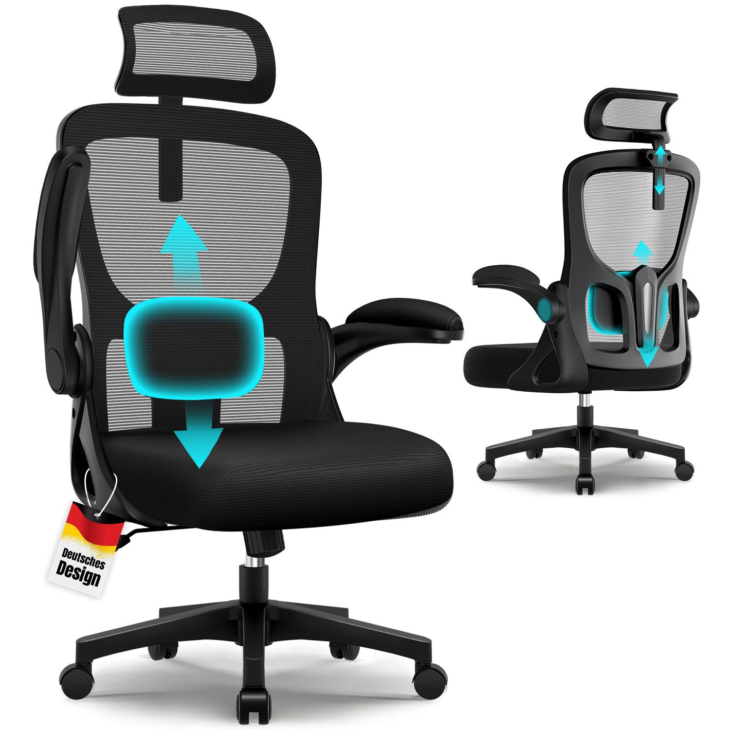 Hiazurm Bürostuhl Bürostuhl, Schreibtischstuhl mit 5D-Lendenwirbelstütze und Kopfstütze (Drehstuhl, Chefsessel Wippfunktion 90°-135°,90° Klappbare Armlehnen,leise Rolle,Bis 155 kg belastbar), Atmungsaktiv, Verlängerte und Verbreiterte Rückenlehne
