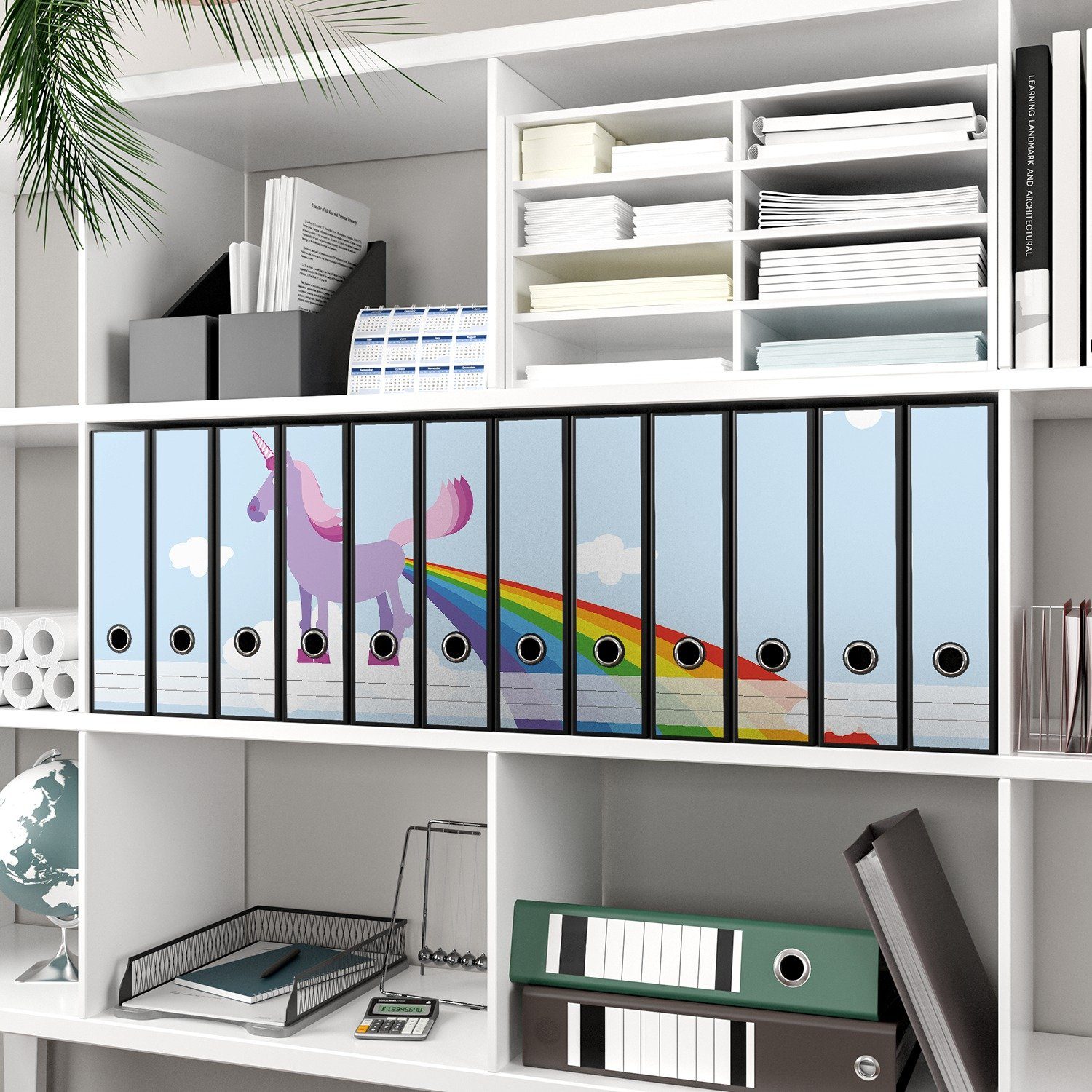 Thumbnail - Wallario Etiketten Einhorn mit Regenbogen aus dem Hintern, Ordnerrücken-Sticker in verschiedenen Ausführungen